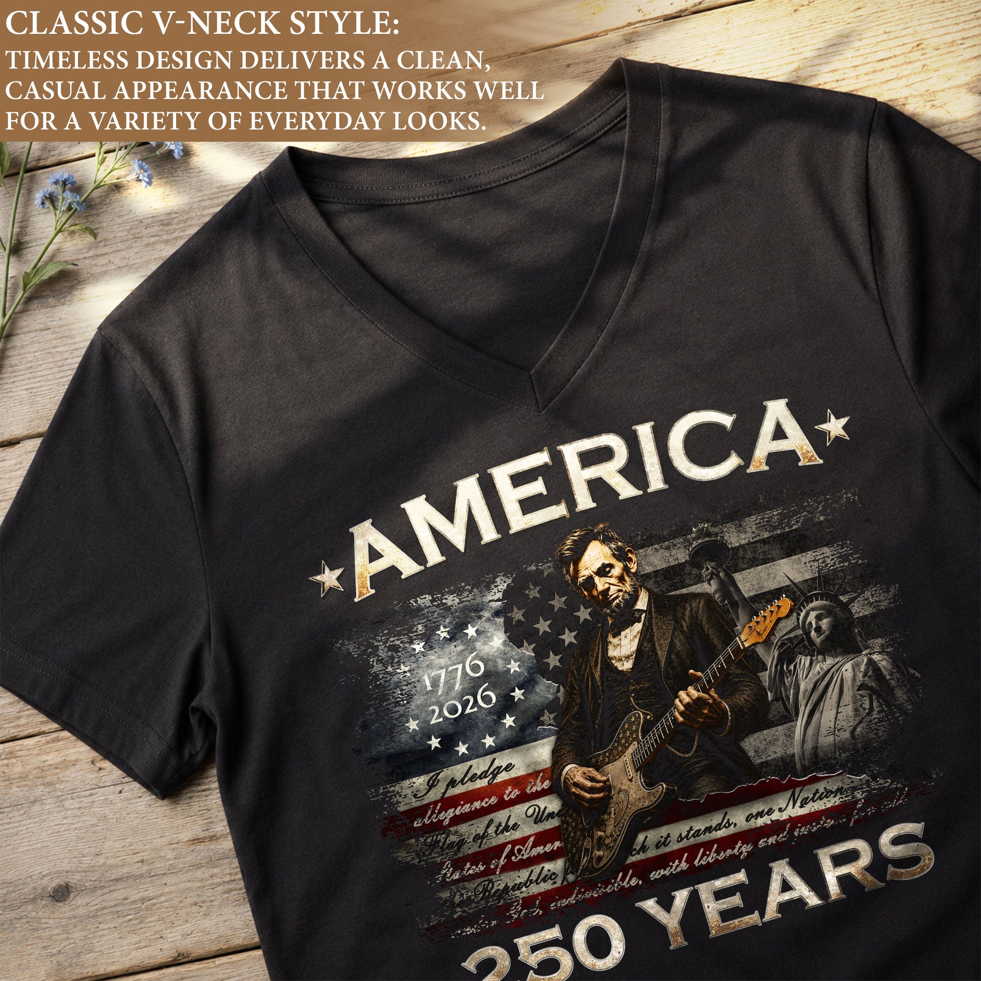 America 250 Years V-Neck T-Shirt Lincoln Guitar Patriotic USA 1776-2026 Tee
