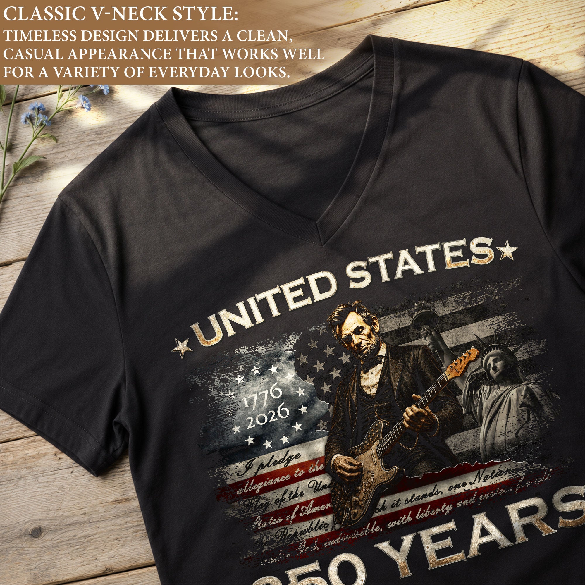 America 250 Years V-Neck T-Shirt Lincoln Guitar Patriotic USA 1776-2026 Tee