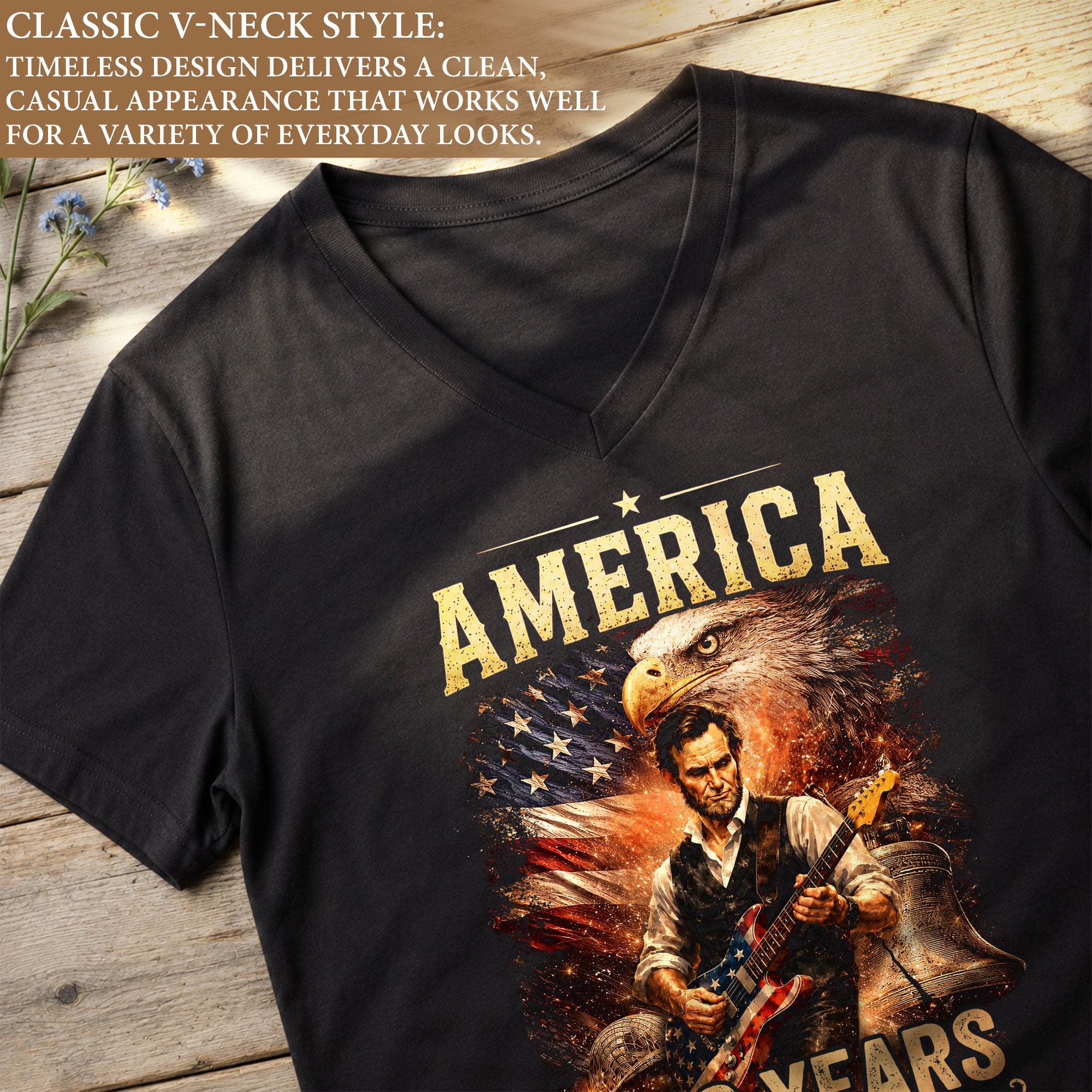 America 250 Years V-Neck T-Shirt Eagle Lincoln Guitar Patriotic USA 1776-2026