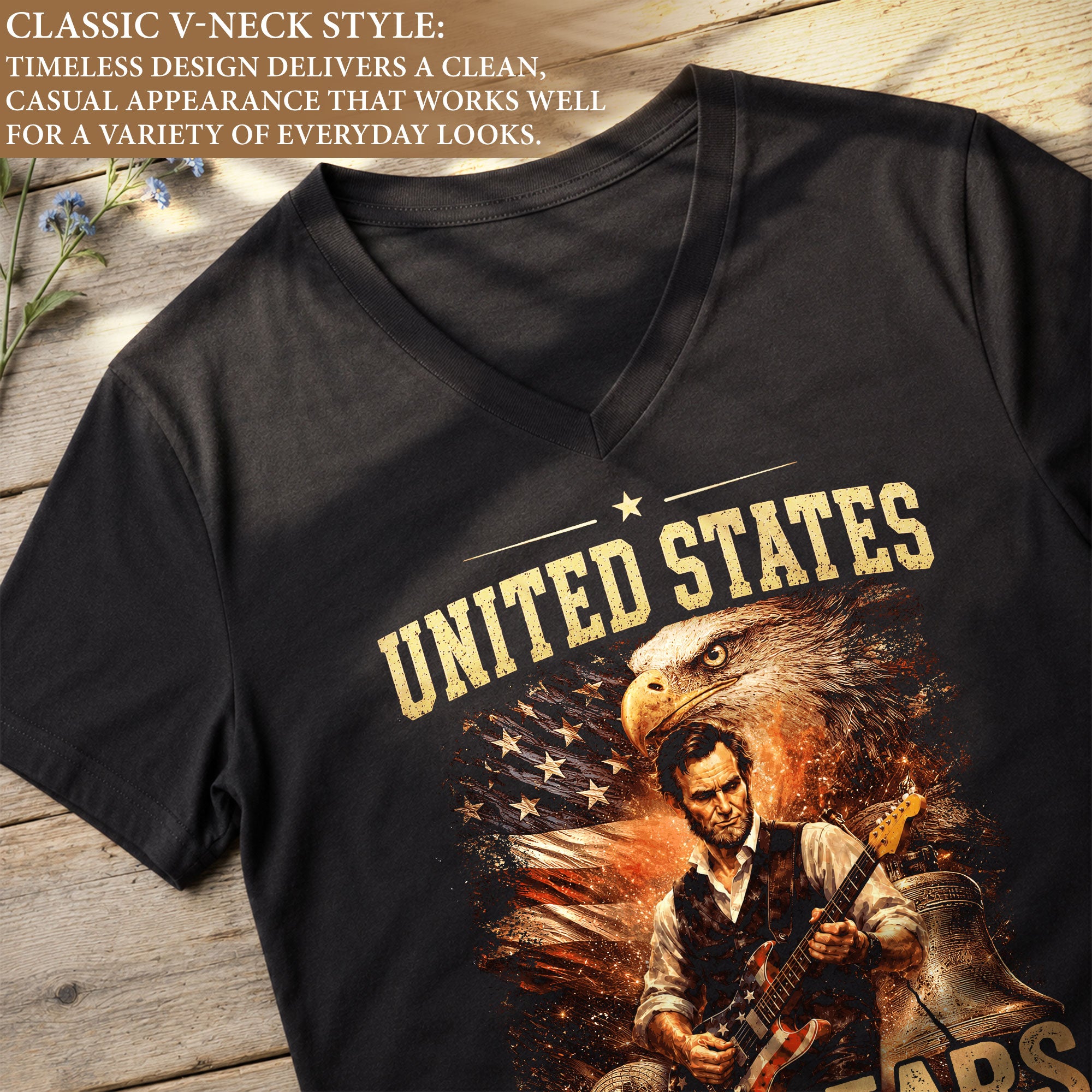 America 250 Years V-Neck T-Shirt Eagle Lincoln Guitar Patriotic USA 1776-2026