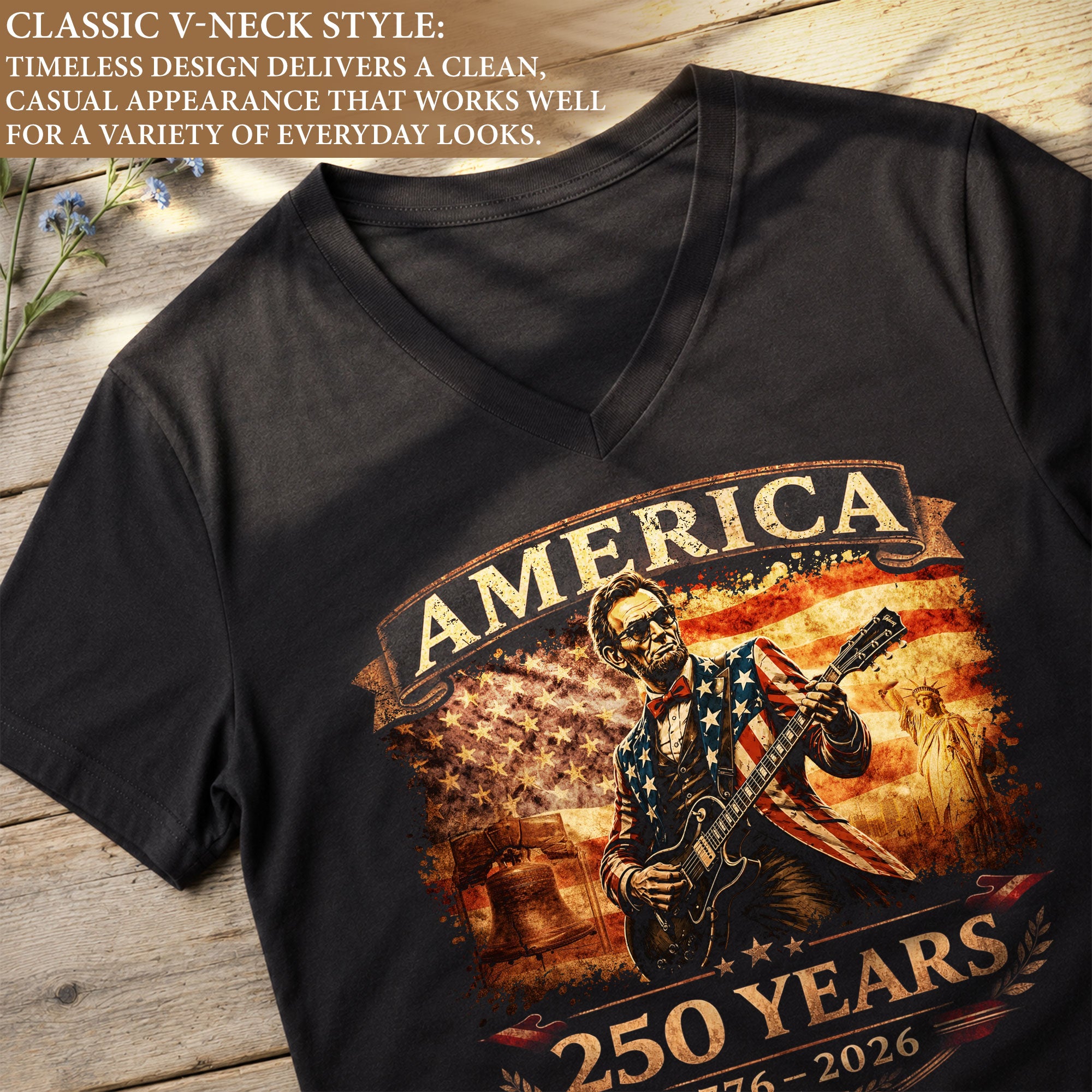 Patriotic Lincoln Liberty Bell V-Neck Shirt Vintage 1776-2026 America 250 Years