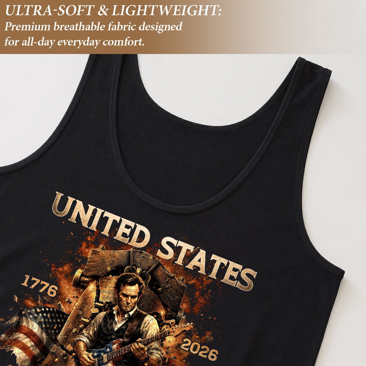 Lincoln Women Tank Top Liberty Bell Guitar Graphic 1776 2026 250 Years Patriotic Shirt - Rust Field Wear
