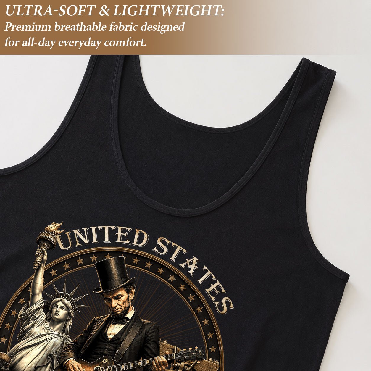 Abraham Lincoln Women Tank Top Statue of Liberty Guitar 1776 2026 250 Years Graphic Shirt - Rust Field Wear