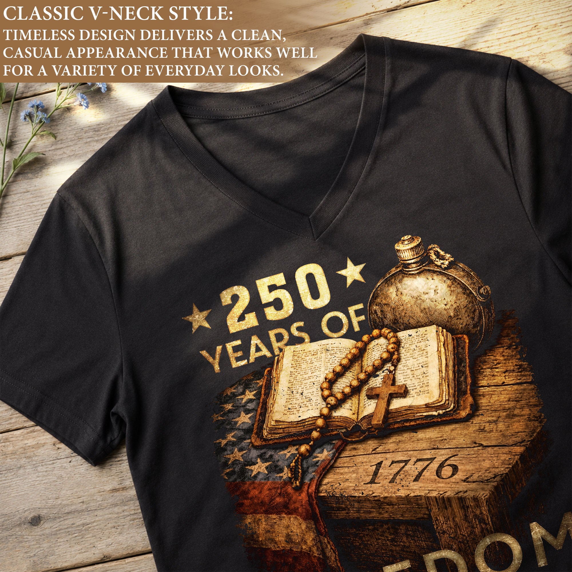 250 Years of Freedom Women's V-Neck T-Shirt 1776-2026 Patriotic Faith Tee - Rust Field Wear