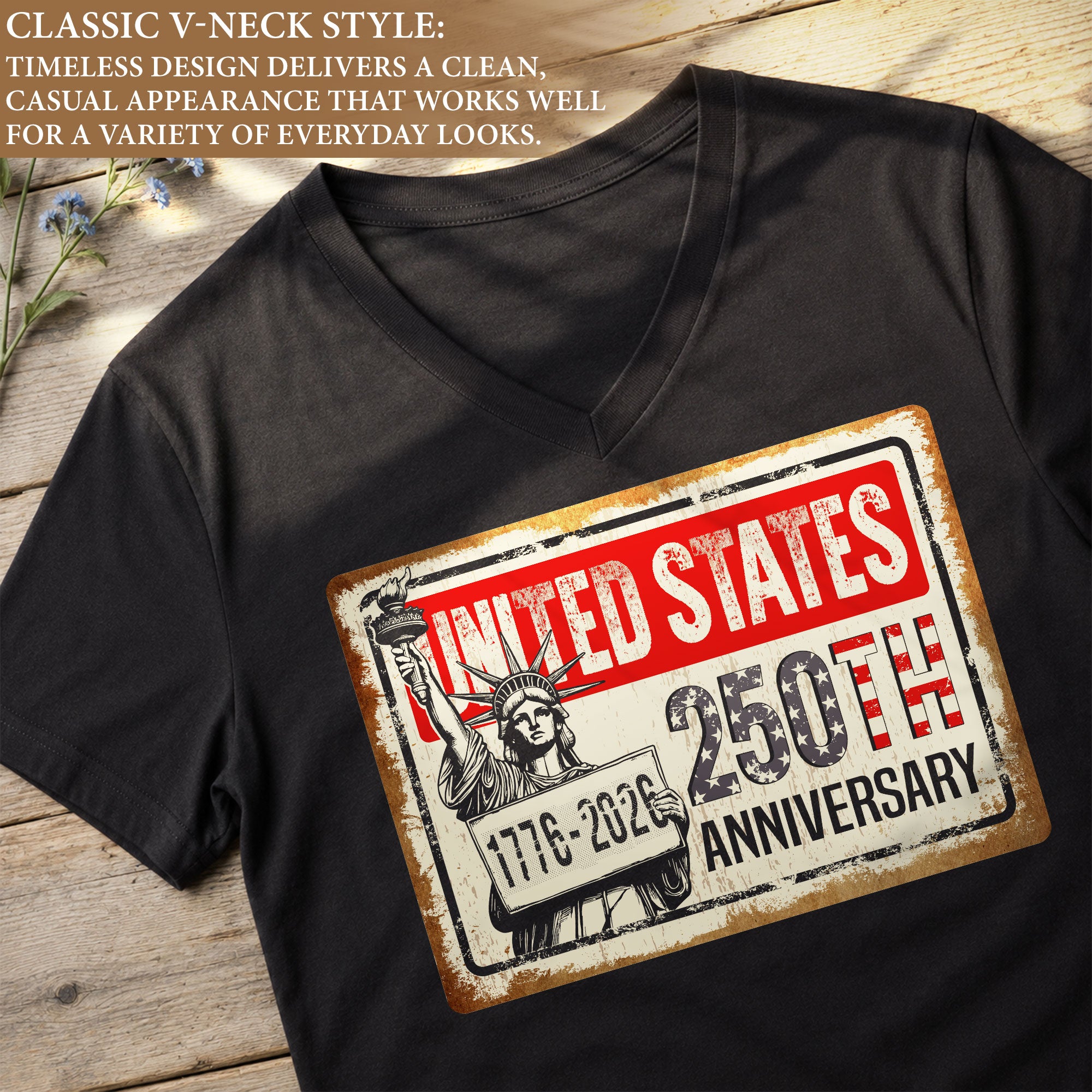 United States 250th Anniversary Women V-Neck T-Shirt 1776-2026 Patriotic Liberty Tee - Rust Field Wear