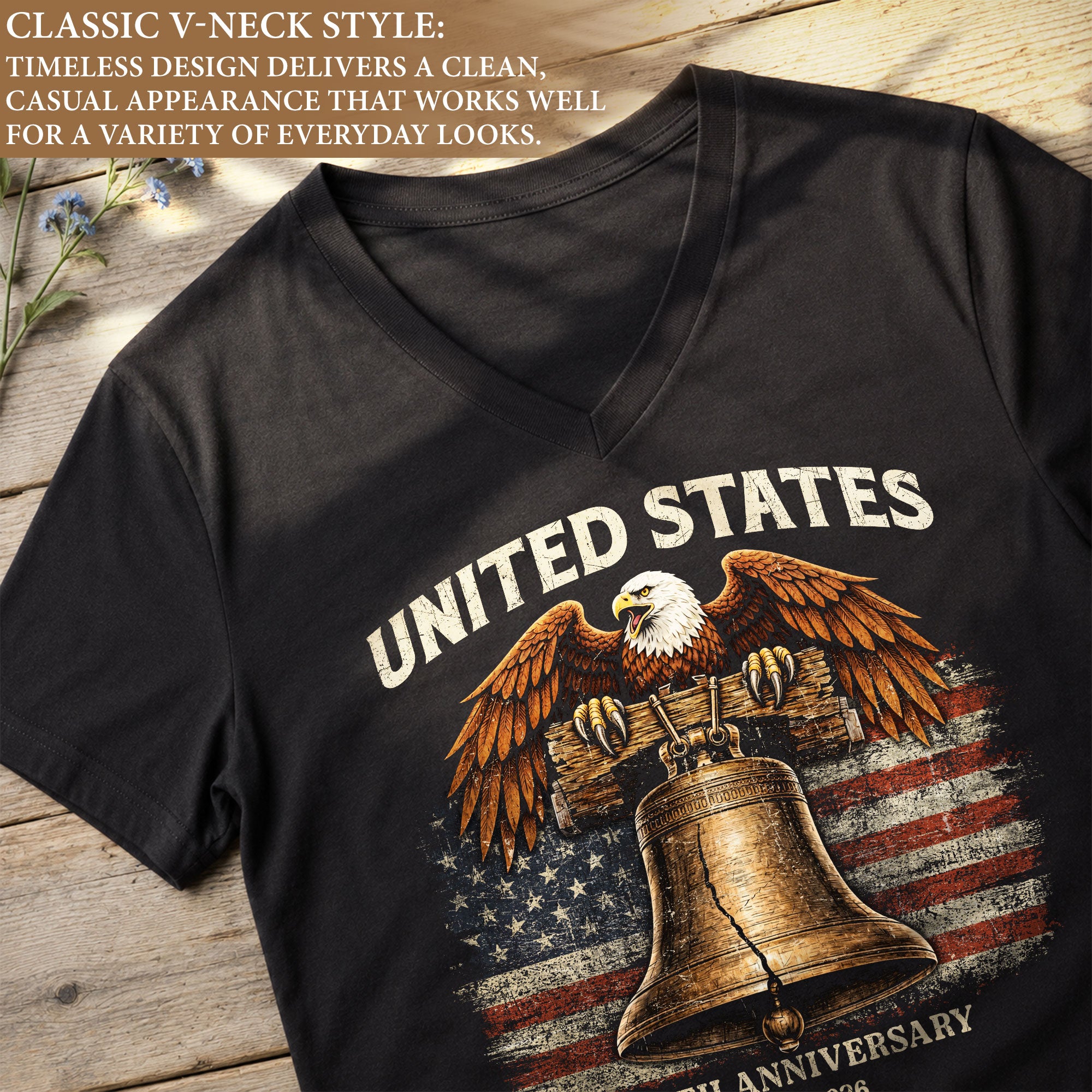 Women's United States 250th Anniversary V-Neck Shirt Eagle Liberty Bell Freedom Tee