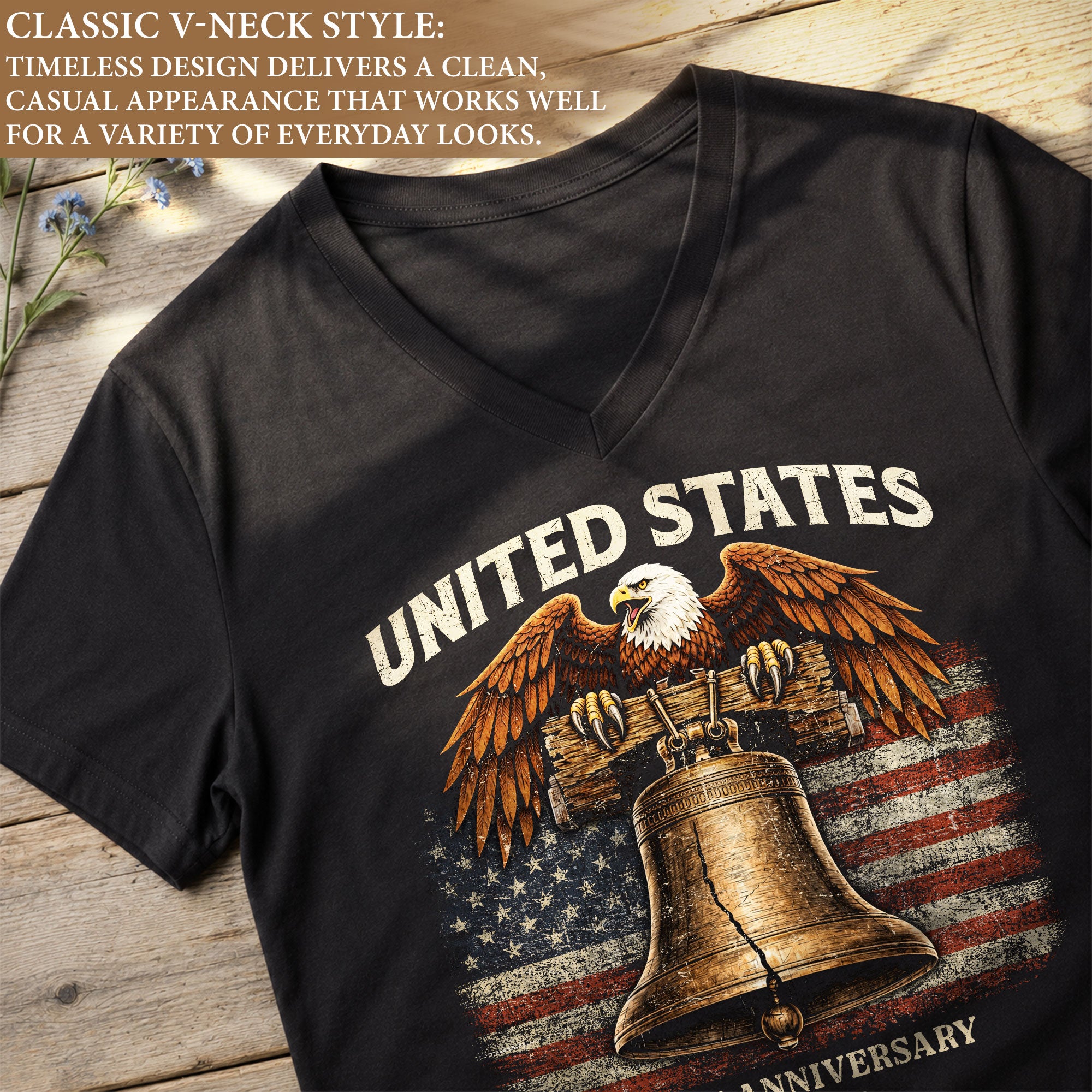 Women's United States 250th Anniversary V-Neck Shirt Eagle Liberty Bell Freedom Tee - Rust Field Wear