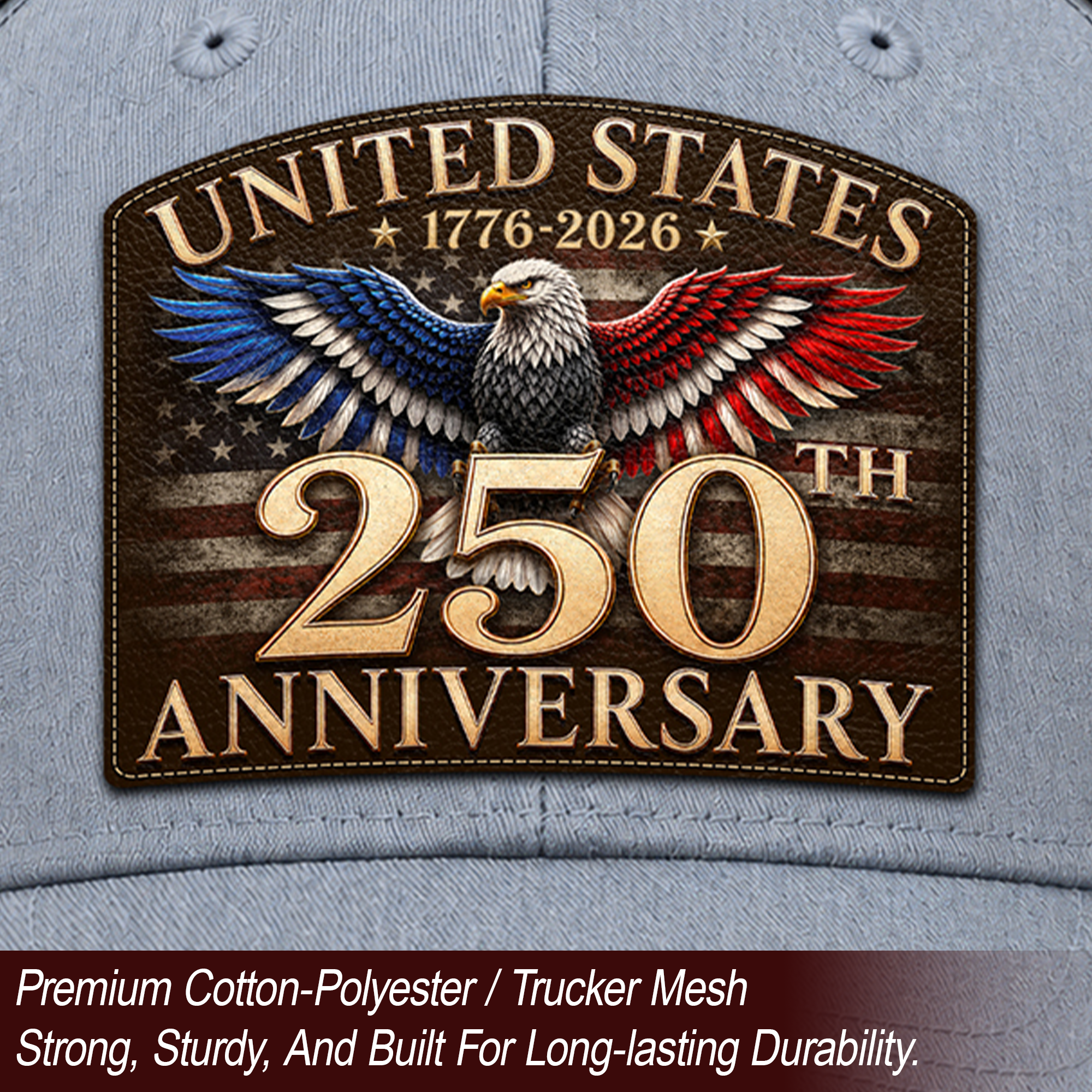 United States 250th Anniversary Trucker Hat Leather Patch Gray Black Commemorative