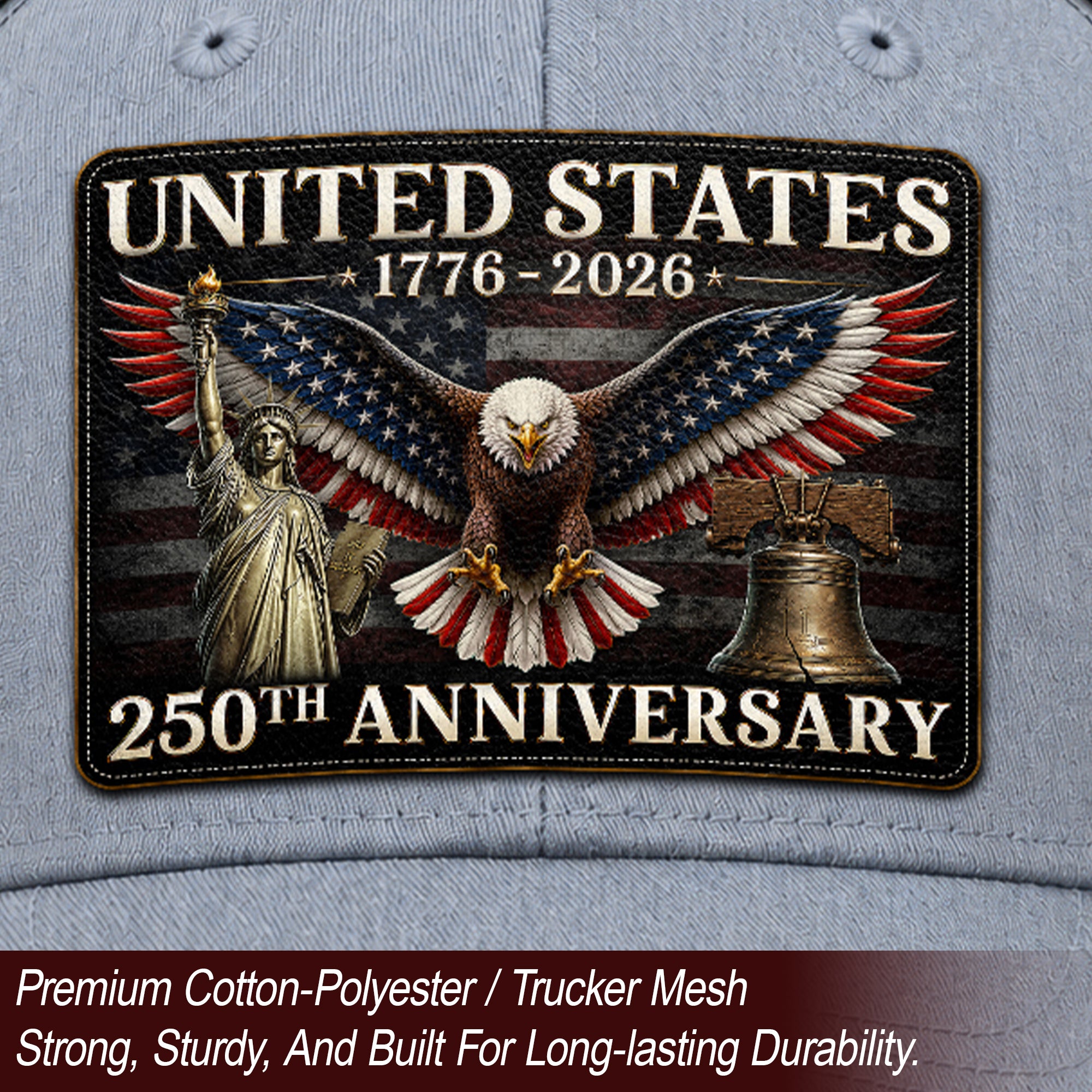 Gray Black Mesh Back Cap Leather Patch 1776 to 2026 Structured Anniversary Hat
