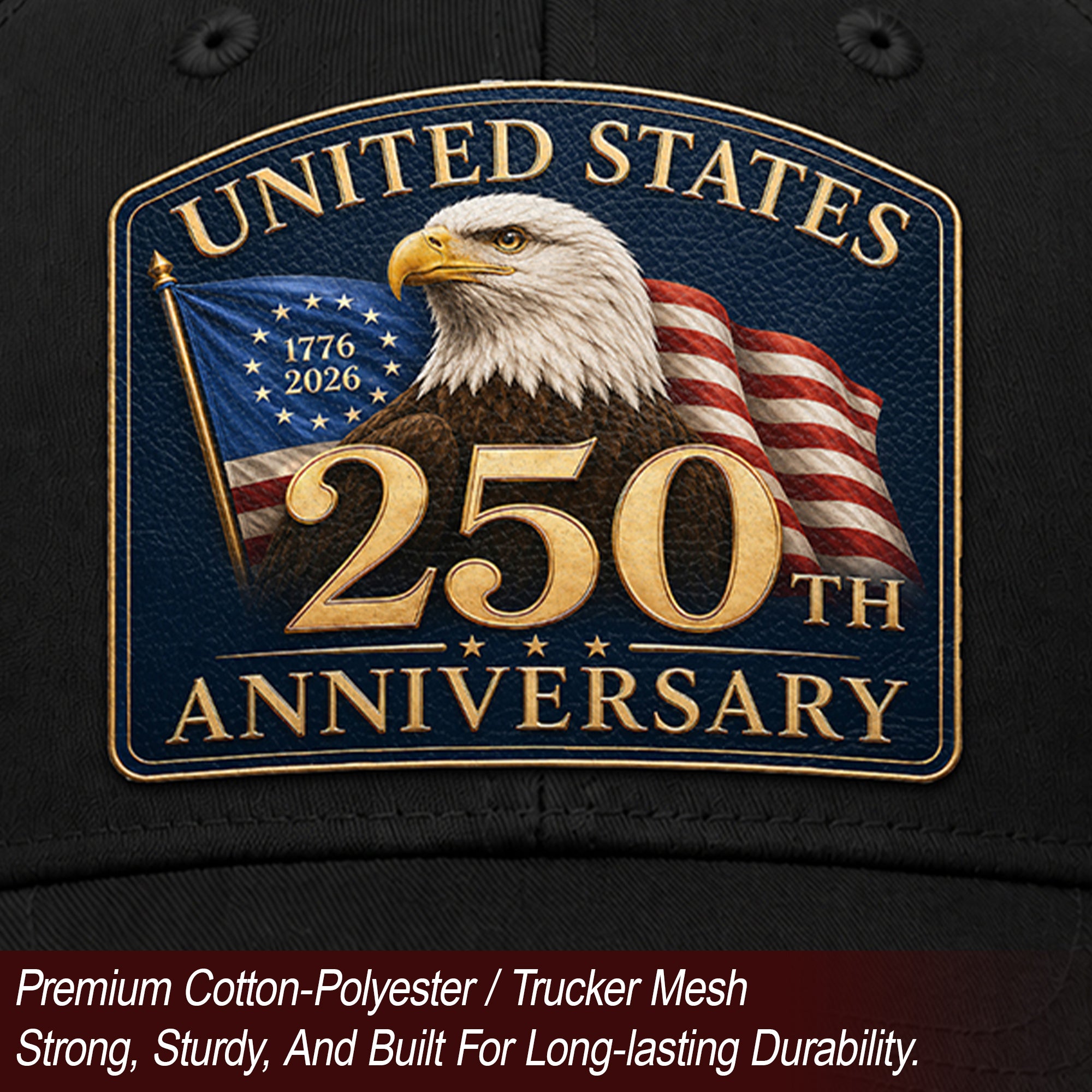 Structured Black Mesh Cap Leather Patch 1776 to 2026 Anniversary Headwear