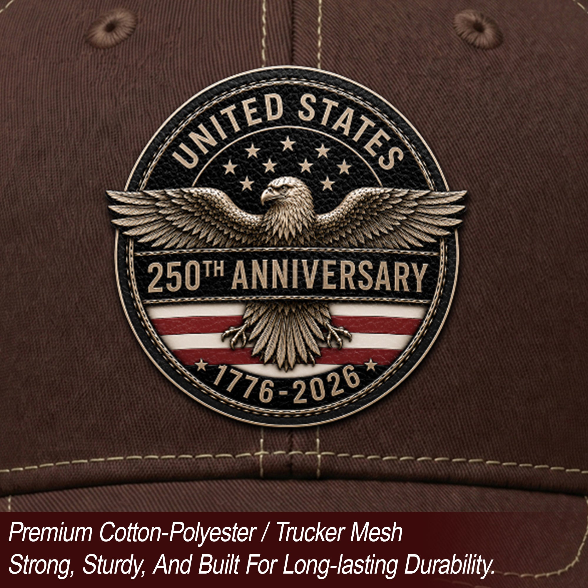 United States 250th Anniversary Leather Patch Hat Patriotic Mesh Back Cap Brown