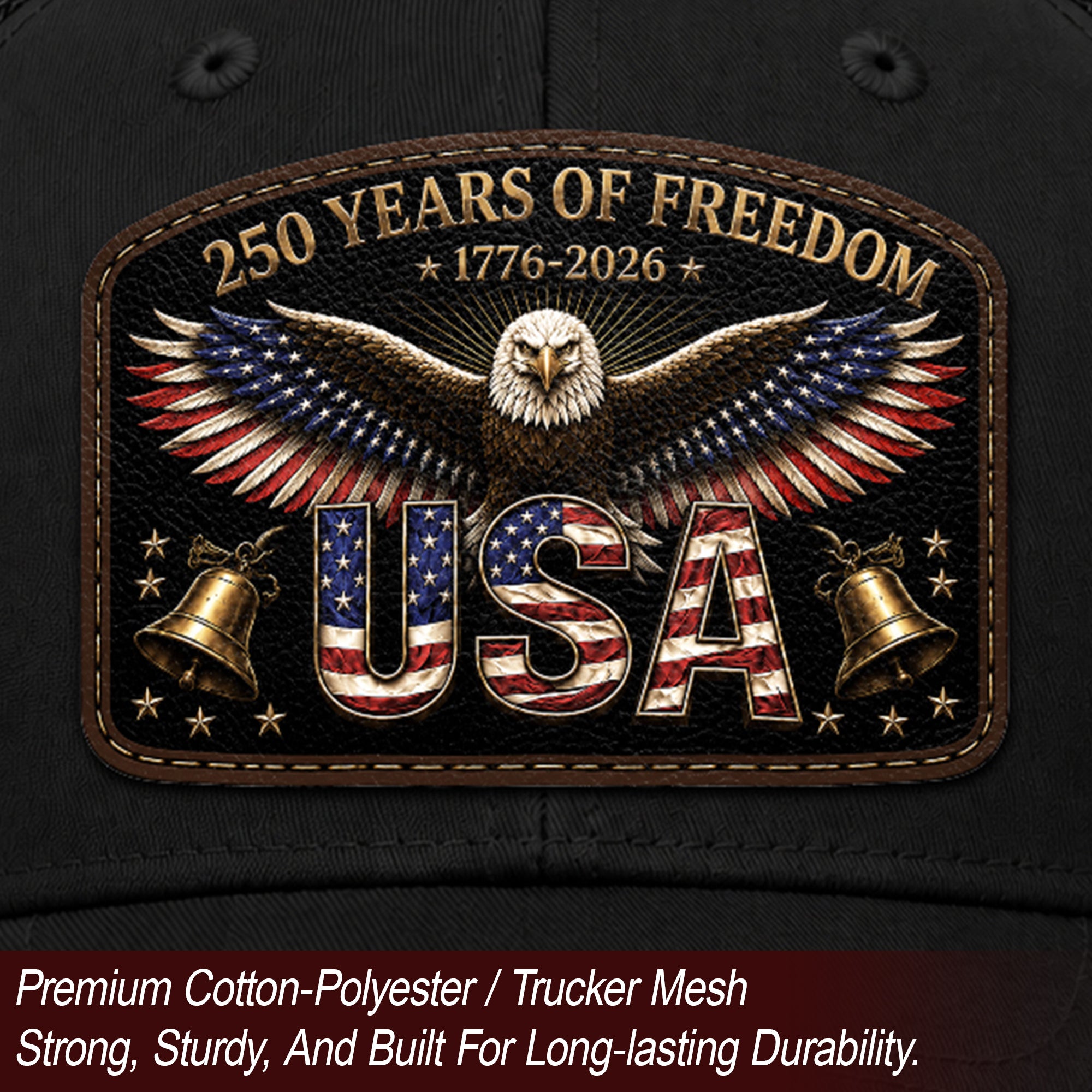 USA 250 Years Of Freedom Leather Patch Hat Patriotic Mesh Back Cap Black