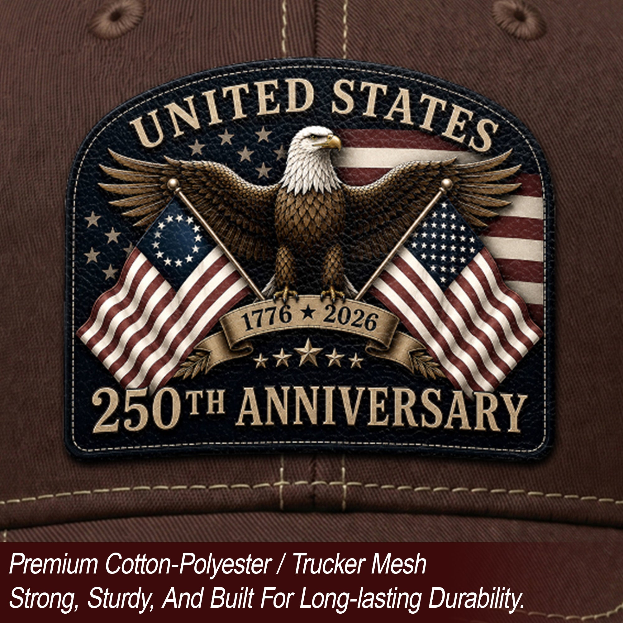 Leather Patch Hat United States 250th Anniversary Patriotic Mesh Back Summer Cap