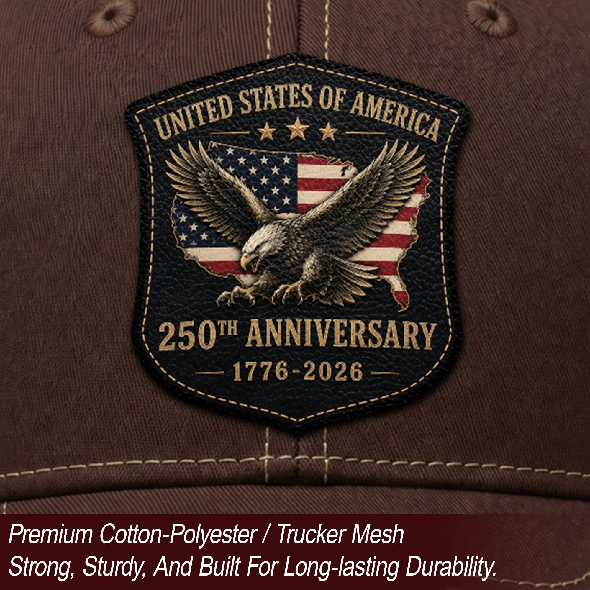 Vintage Style USA 250th Anniversary Leather Patch Hat Patriotic Mesh Back Cap