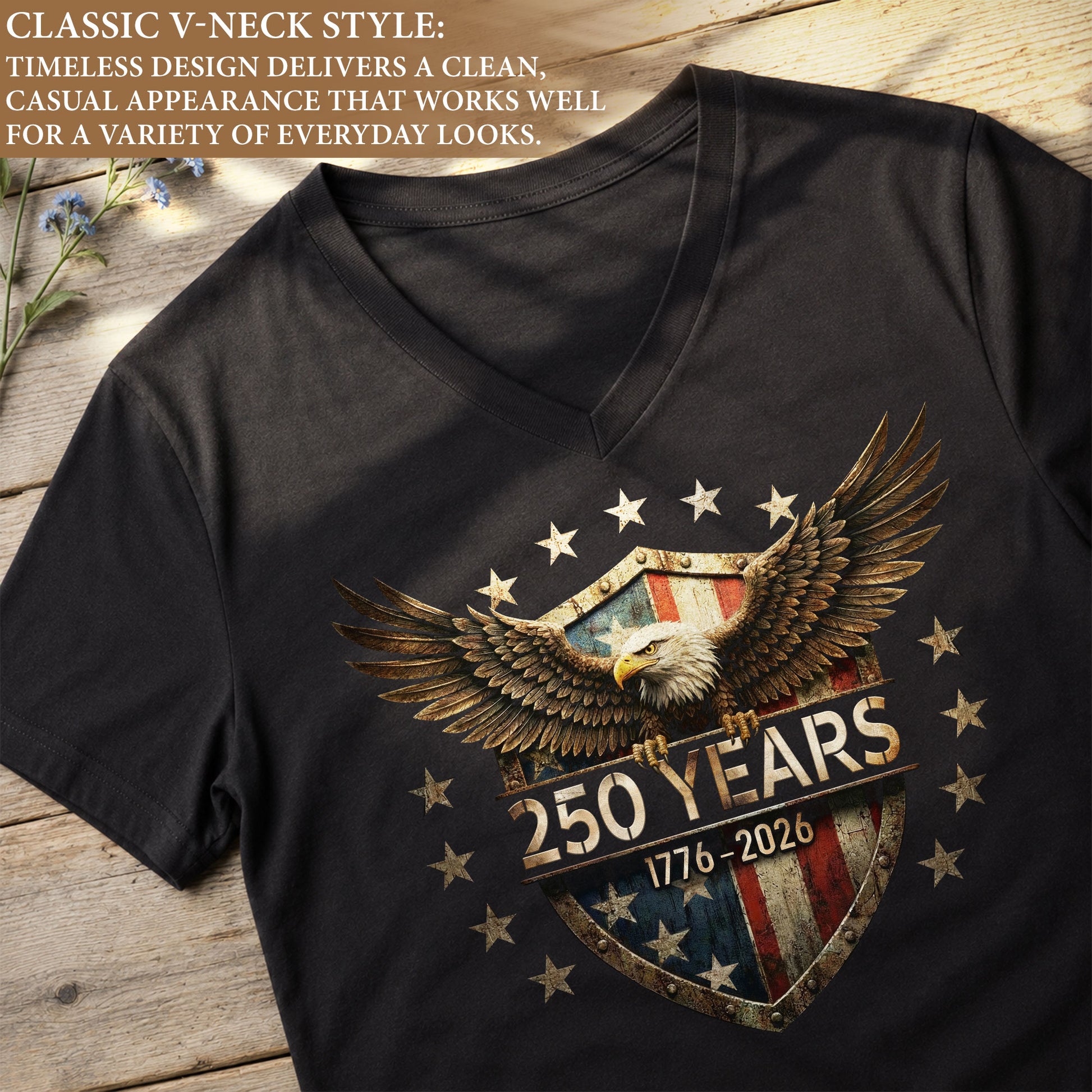 250 Years Women's V-Neck T-Shirt Eagle Shield Patriotic Freedom 1776-2026 Tee - Rust Field Wear