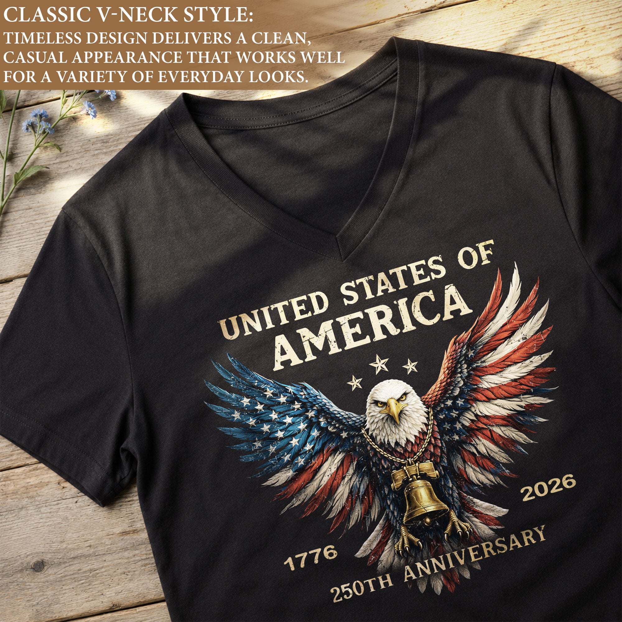 USA 250th Anniversary American Eagle V Neck T Shirt Women Patriotic Casual Graphic Tee - Rust Field Wear