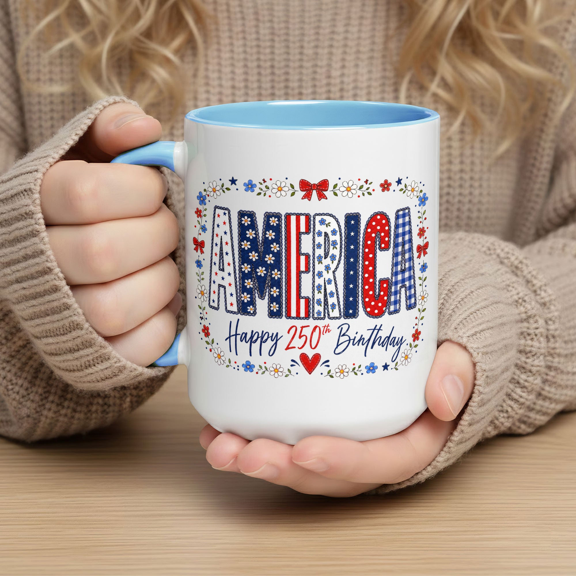 Cute America Floral Mug - Happy 250th Birthday Patriotic US Coquette Bow Ceramic Cup