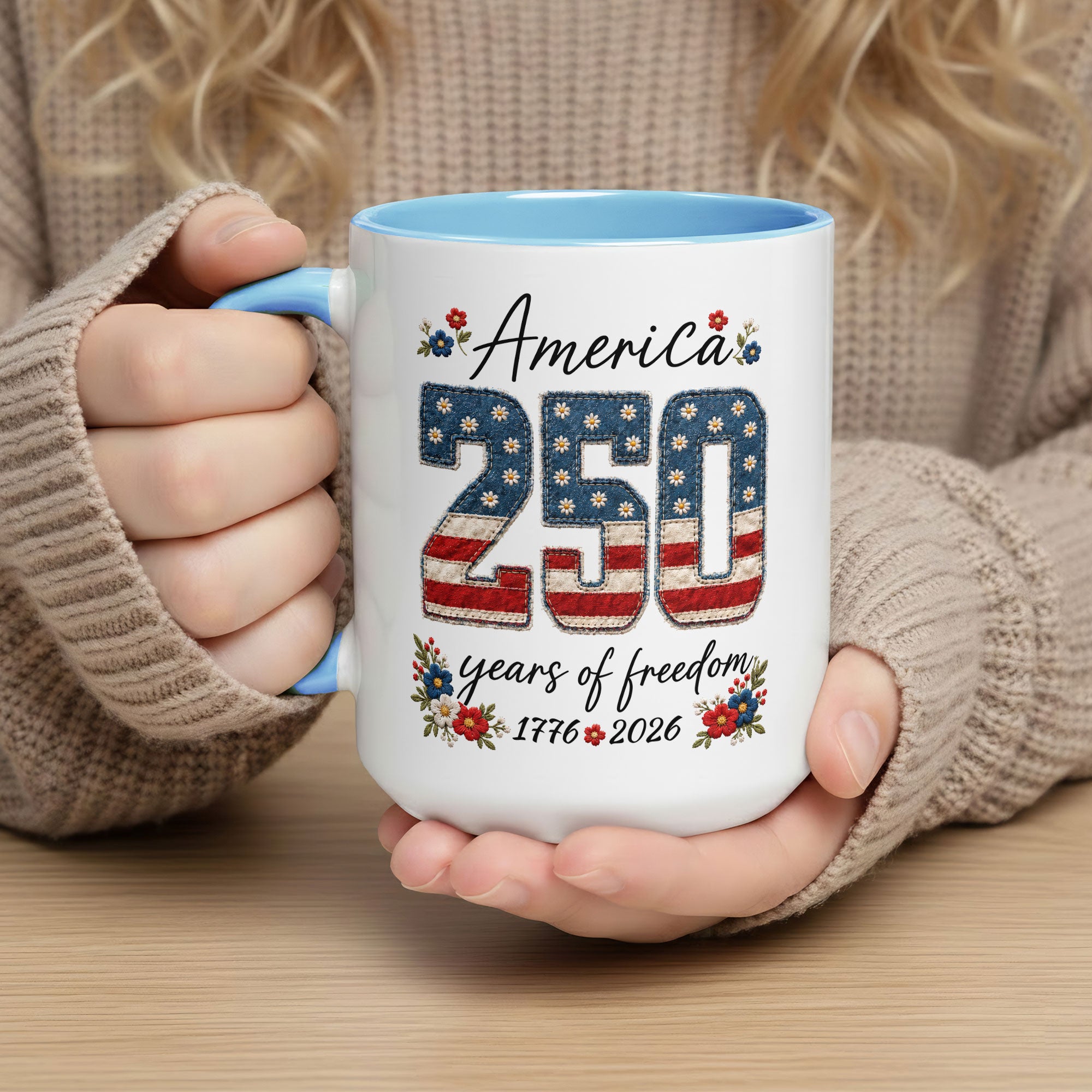 Cute America 250 Years Mug - Patriotic Floral US Anniversary Rim Ceramic Cup