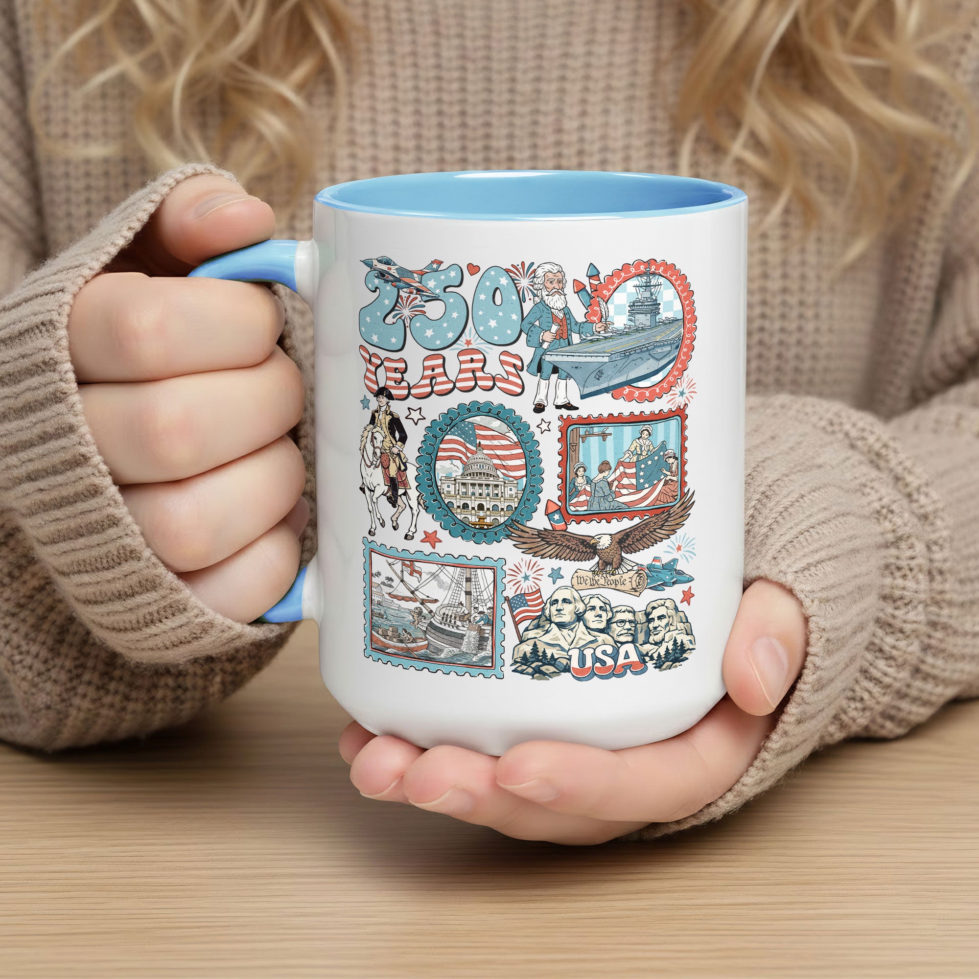 250 Years Patriotic Doodle Accent Mug - Vintage American History Icons Gift Cup