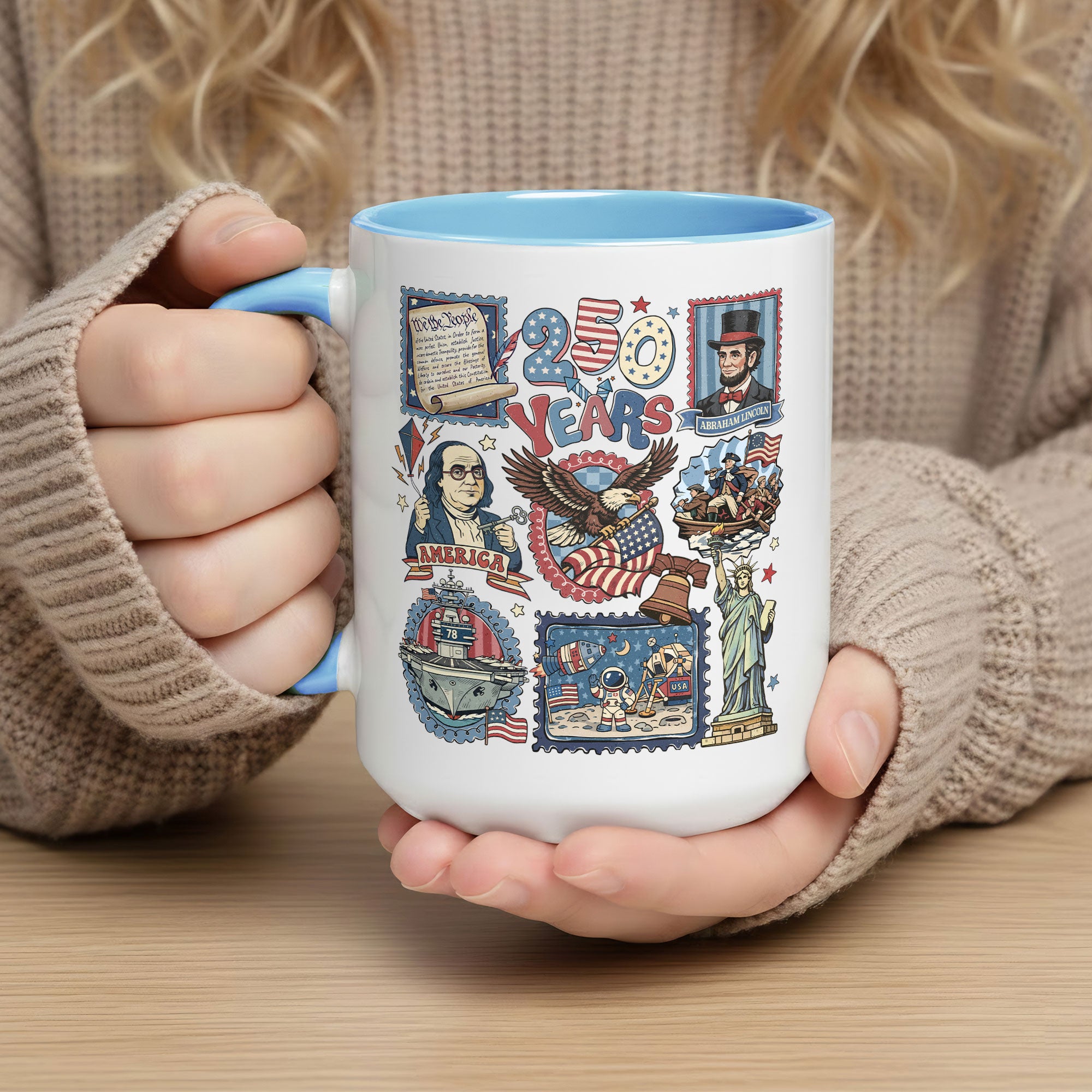 250 Years Patriotic Liberty Accent Mug - Historical Doodle Stamps American Eagle Gift Cup