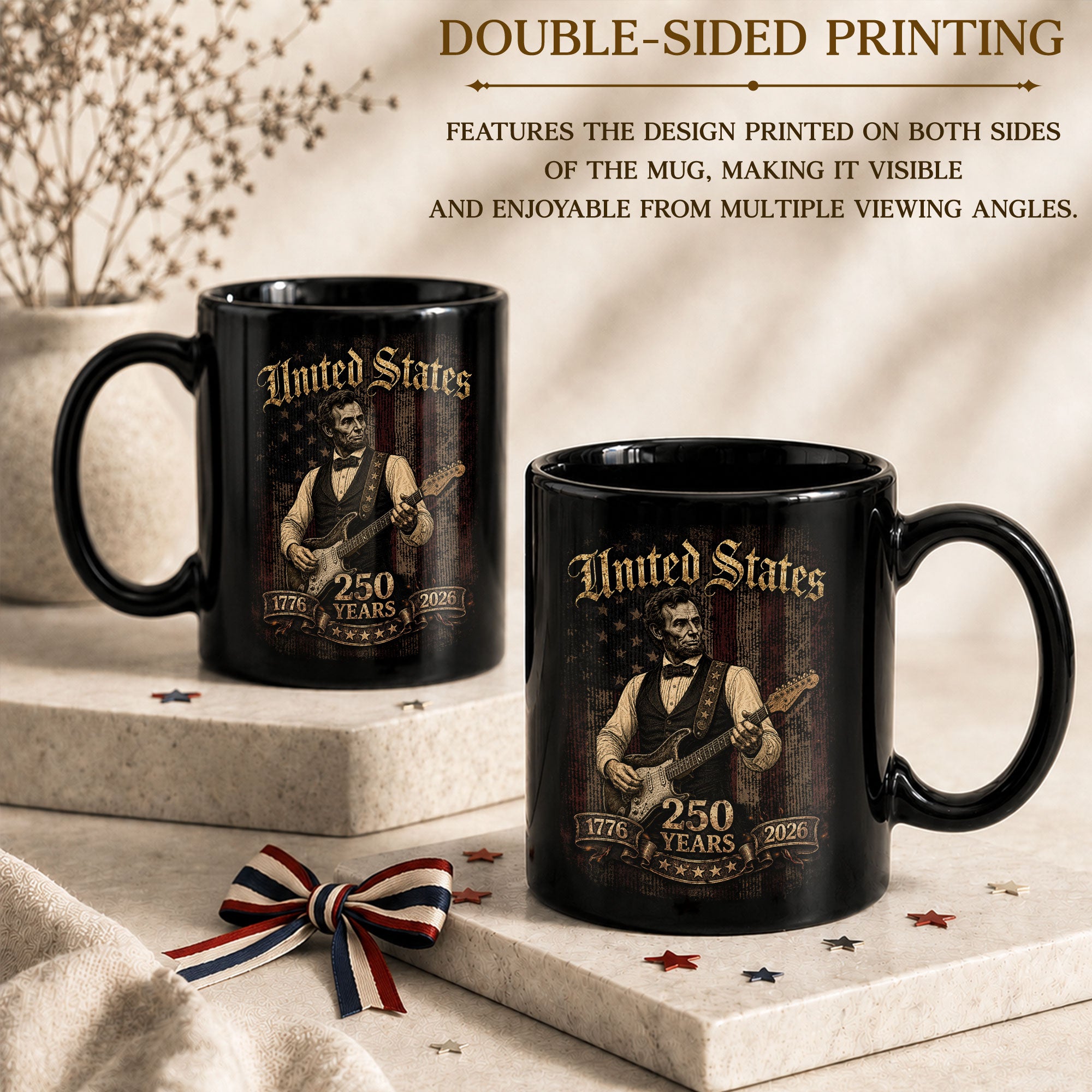 Abraham Lincoln Guitar Mug - Vintage 250 Years 1776-2026 Patriotic US Rock Music Gift - Rust Field Wear