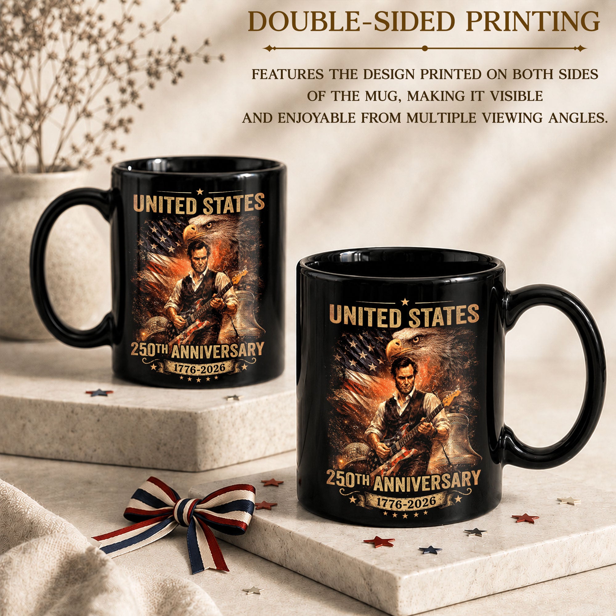 Patriotic Lincoln Guitar Ceramic Mug - Eagle Flag 1776-2026 Anniversary Beverage Cup