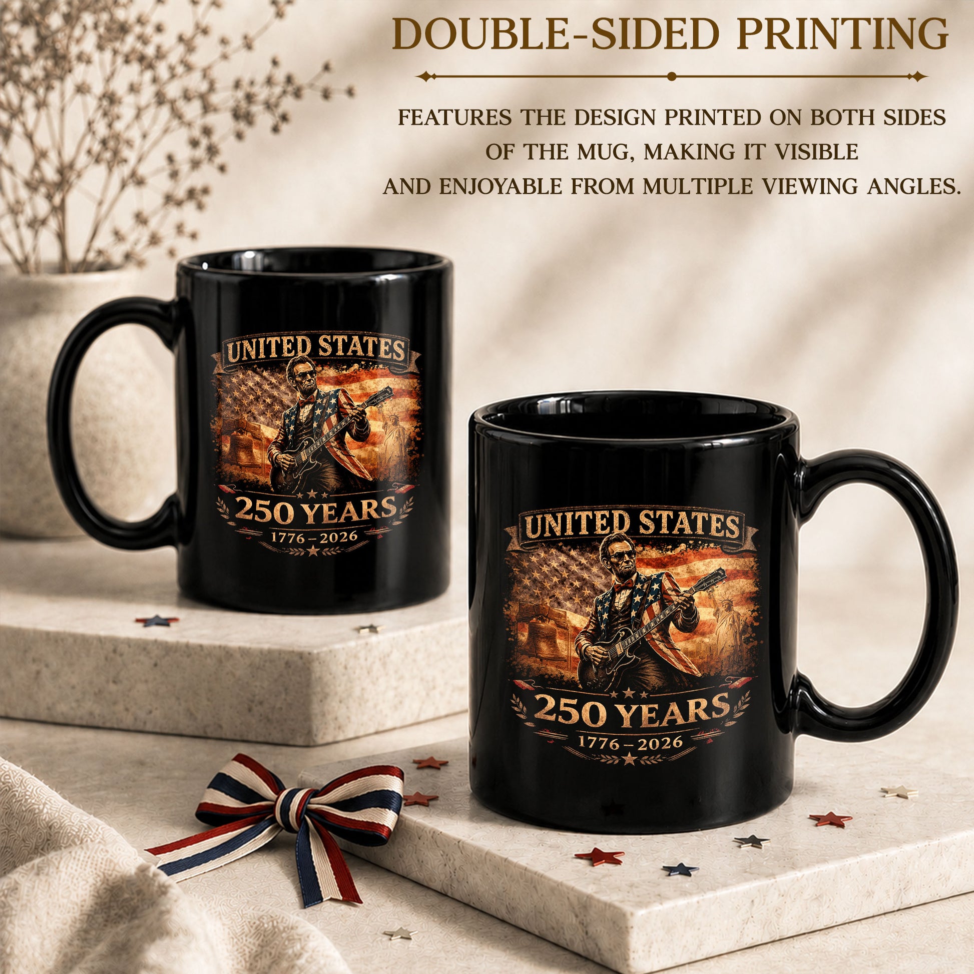Lincoln Guitar Ceramic Mug - Patriotic Statue Liberty Flag Vintage Beverage Cup - Rust Field Wear