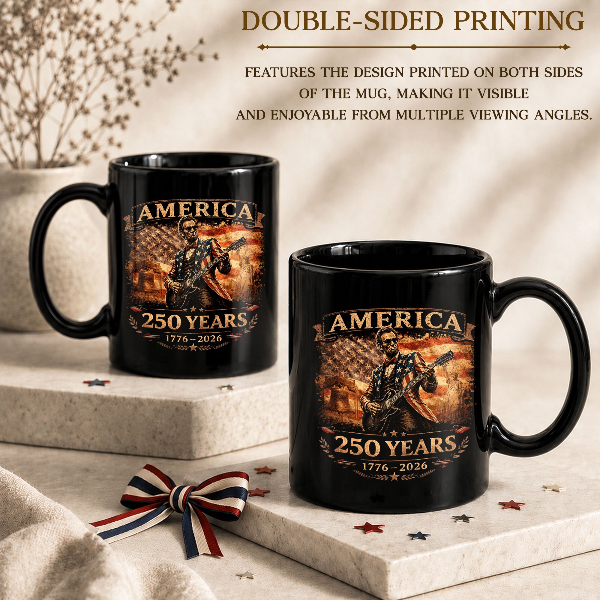 Lincoln Guitar Ceramic Mug - Patriotic Statue Liberty Flag Vintage Beverage Cup
