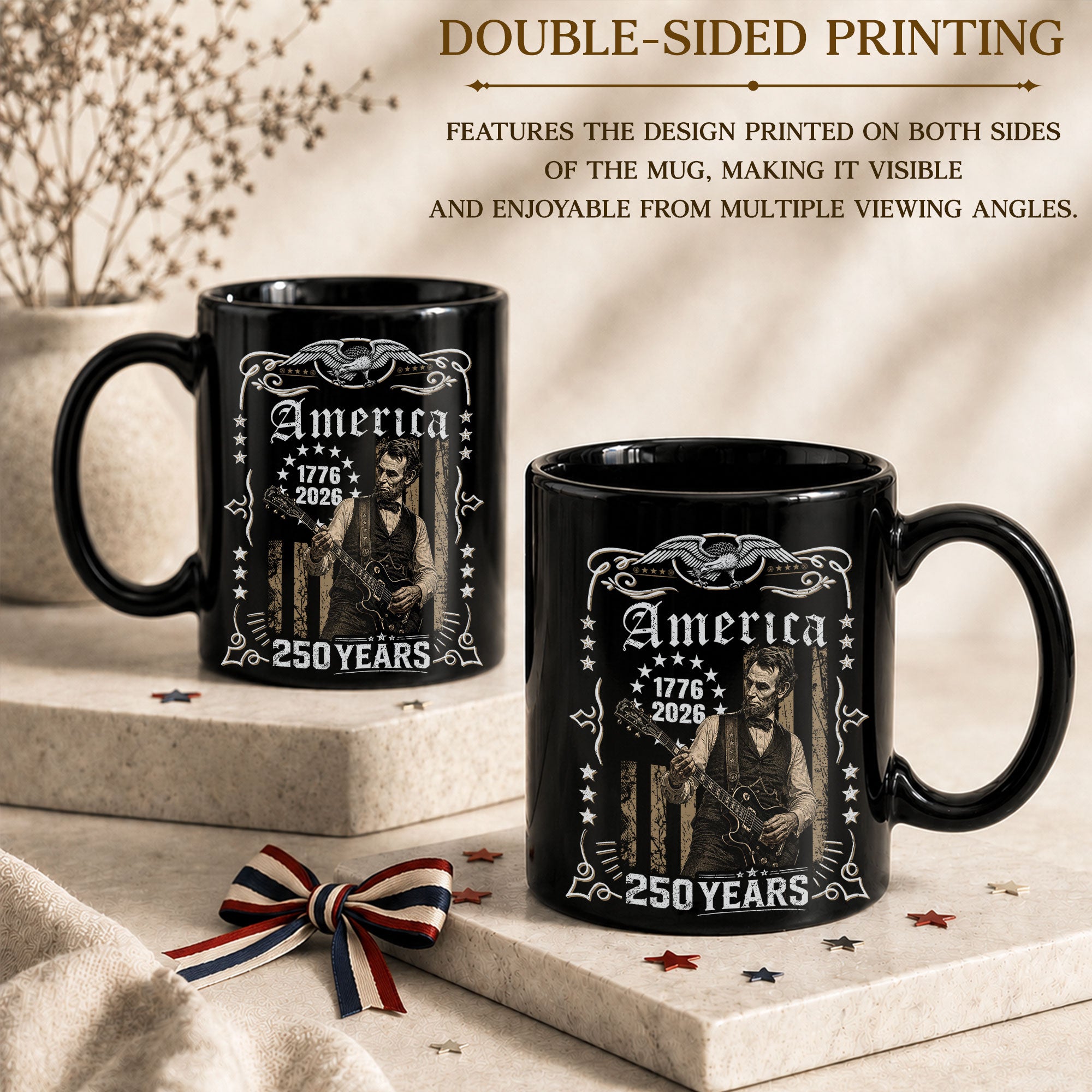 Historic Lincoln Guitar Ceramic Mug - Patriotic Eagle Flag Anniversary Beverage Cup