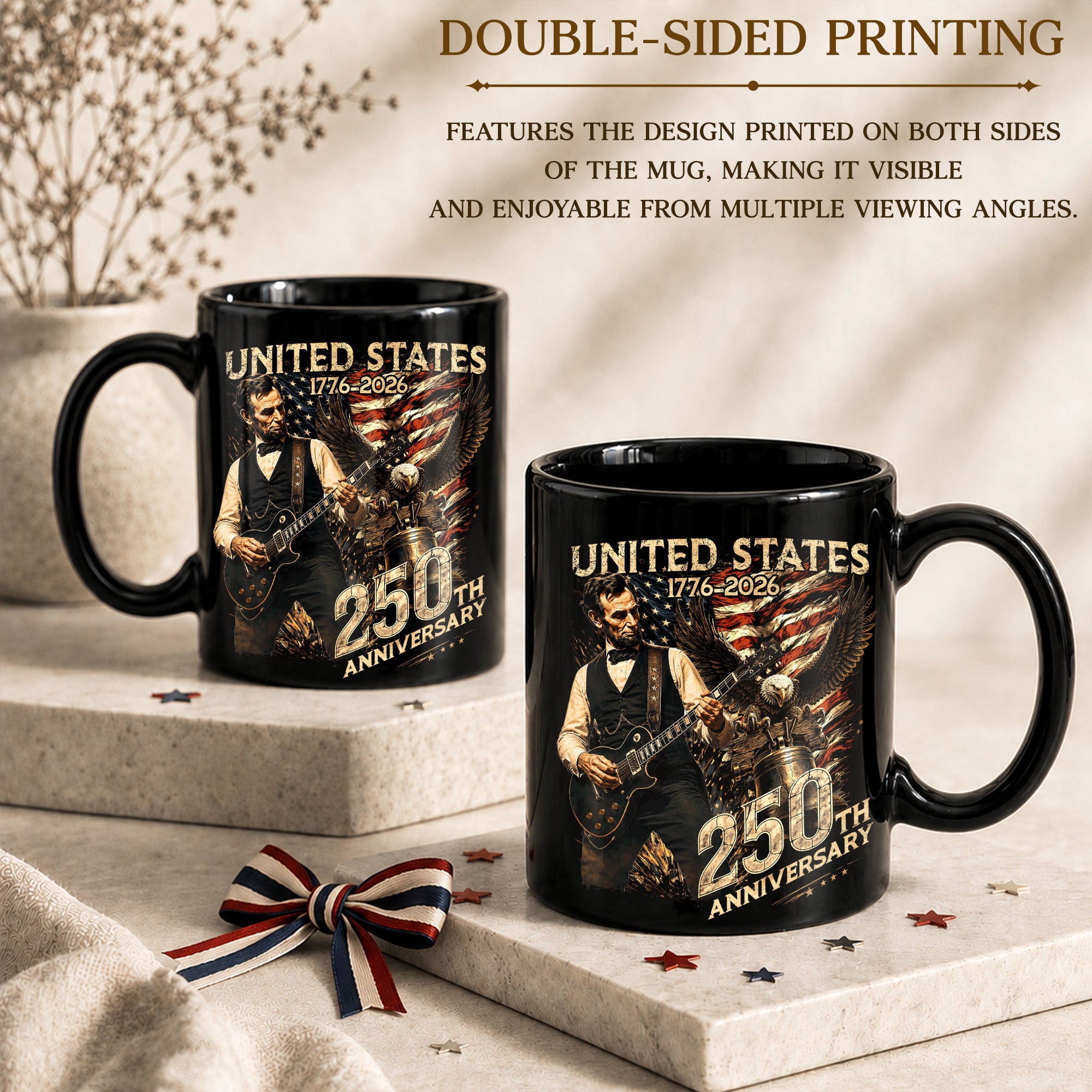 US 250th Anniversary Mug 1776-2026 Vintage United States Lincoln Guitar Bald Eagle Bell