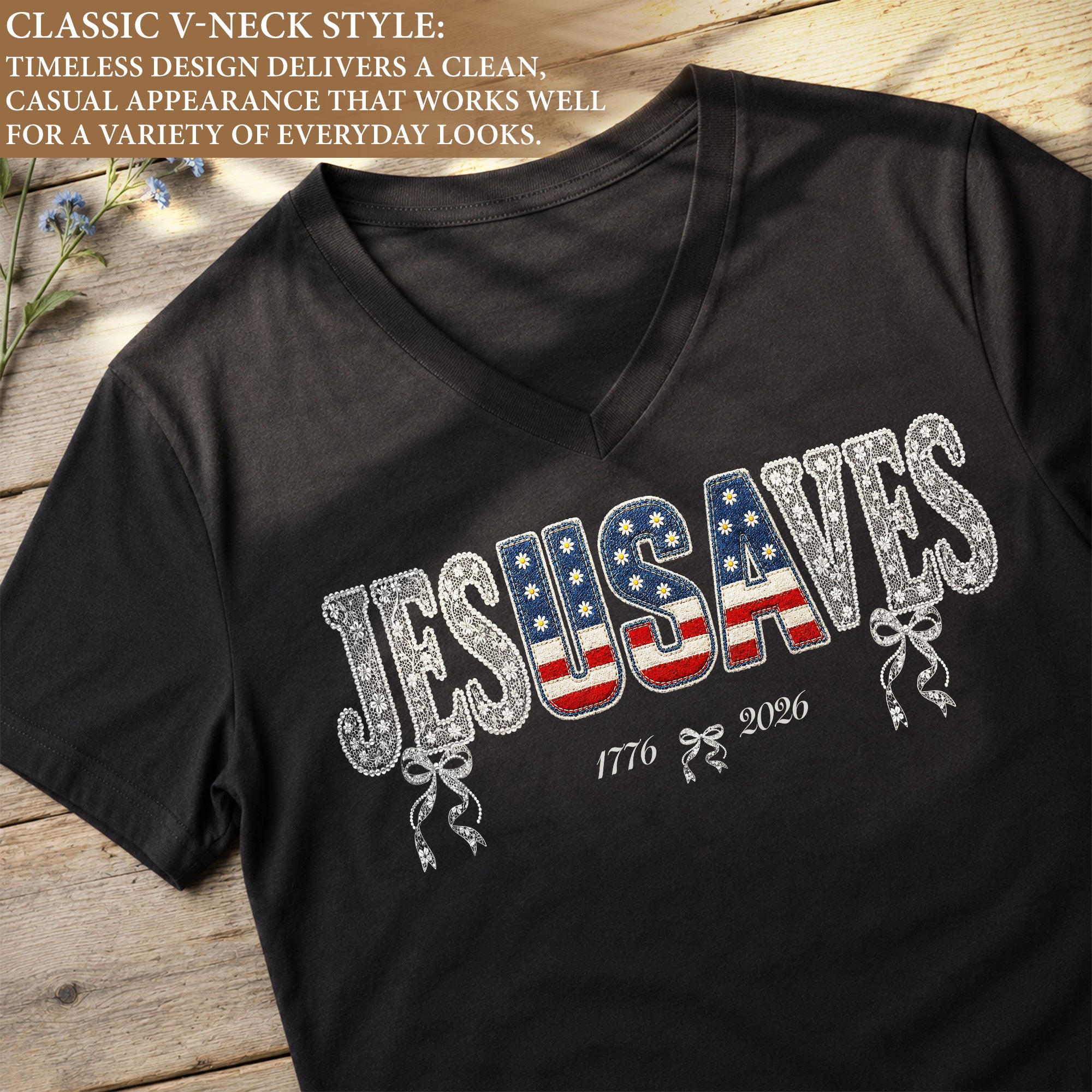 Jesus Saves Patriotic V-Neck Tee - 1776-2026 American Faith & Freedom Graphic Cotton Shirt