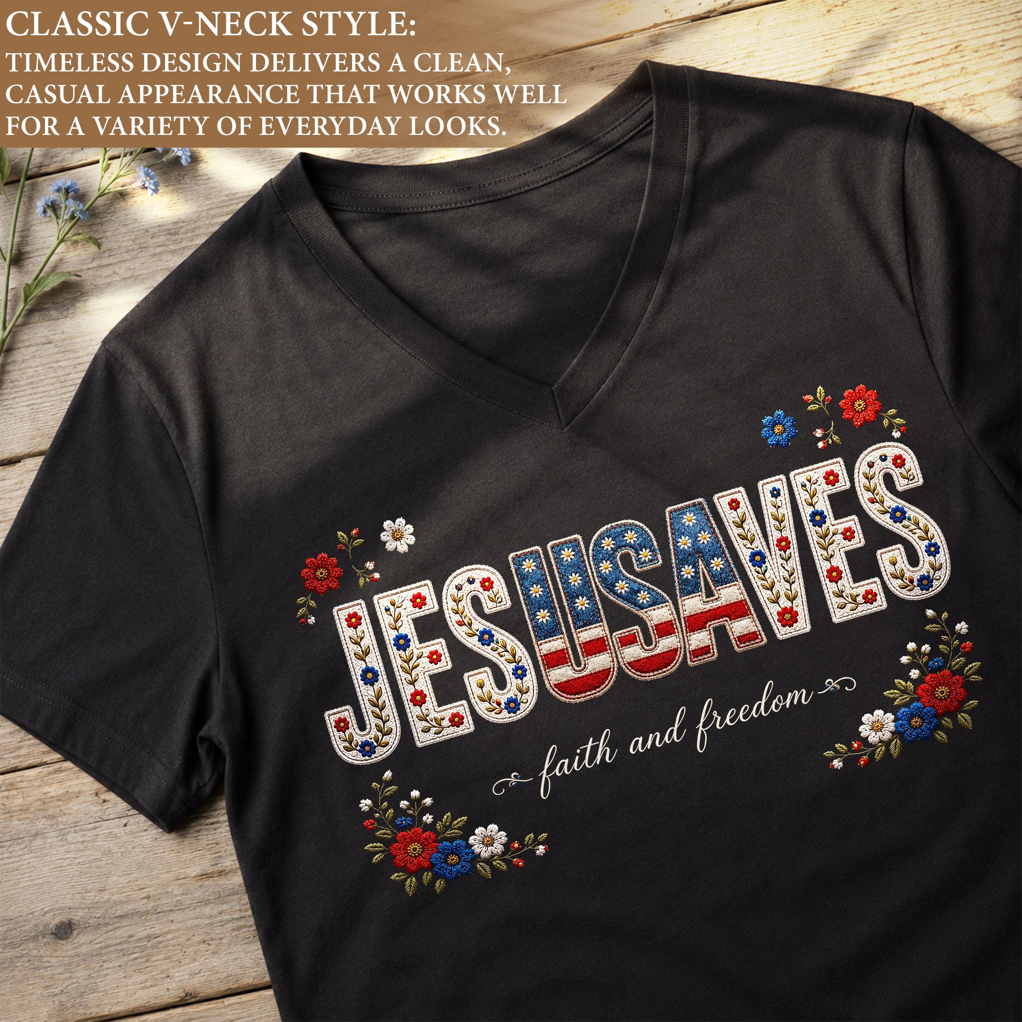 Jesus Saves Patriotic V-Neck Tee - 1776-2026 American Faith & Freedom Graphic Cotton Shirt