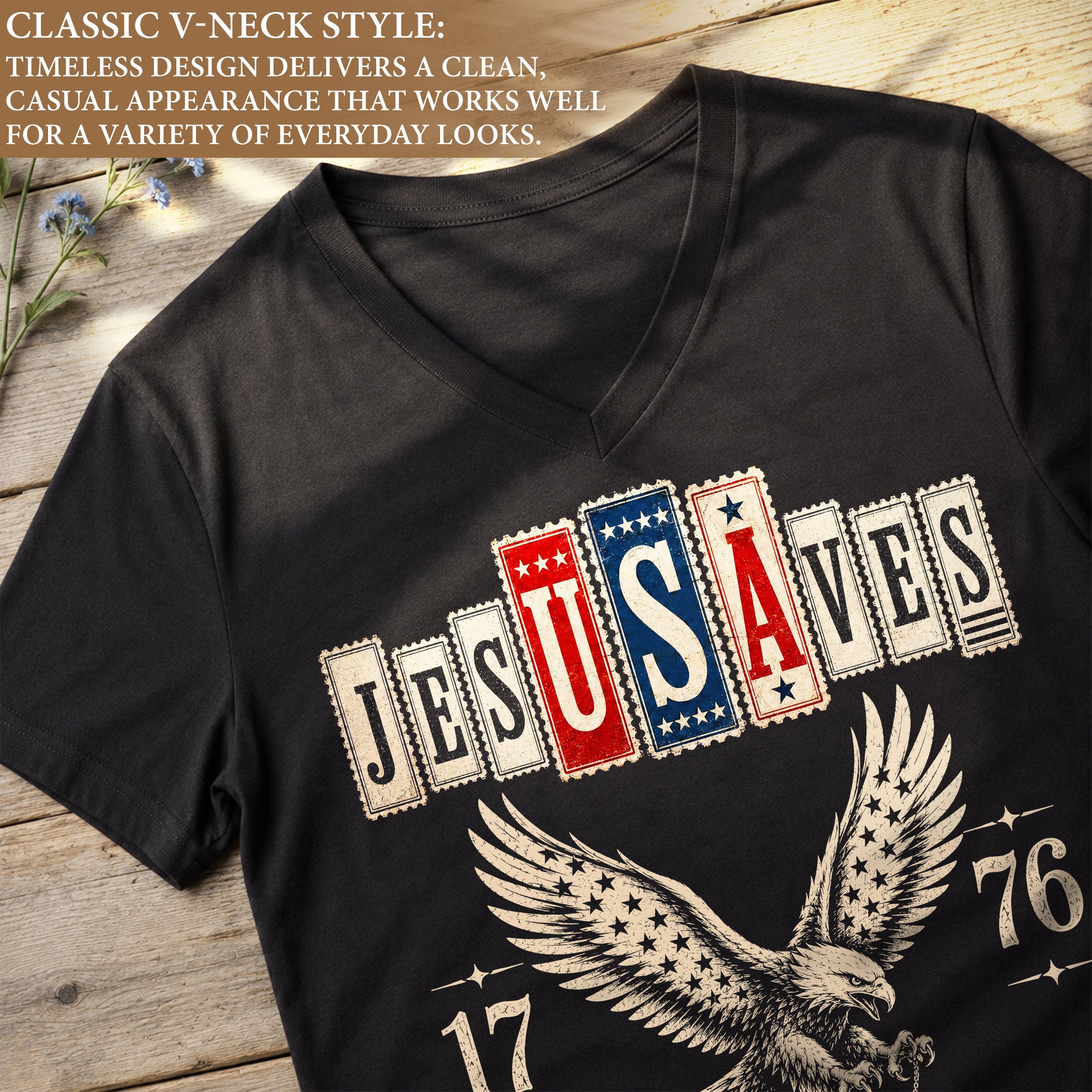 Jesus Saves Patriotic V-Neck Tee - Eagle & Cross 1776 American Heritage Graphic Cotton Shirt
