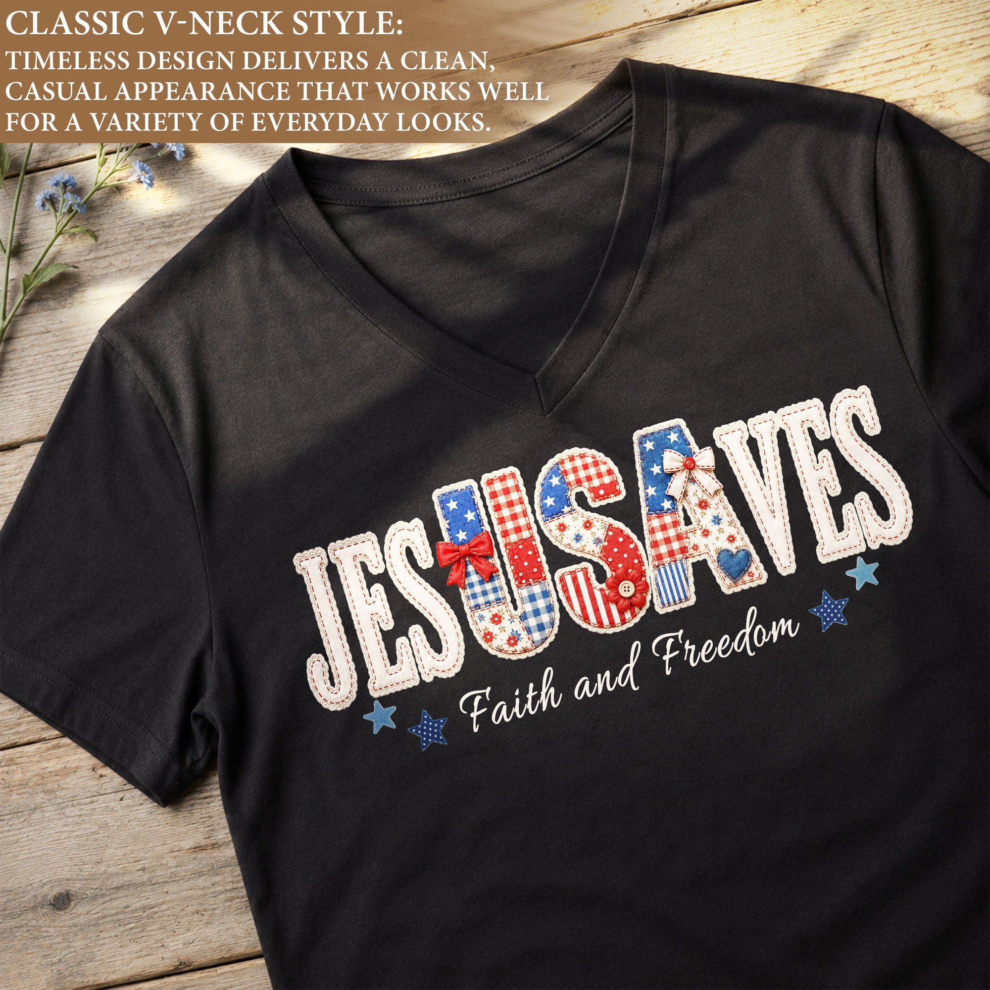 Jesus Saves Faith and Freedom V-Neck Tee - Patriotic Quilt Style Graphic Cotton Apparel