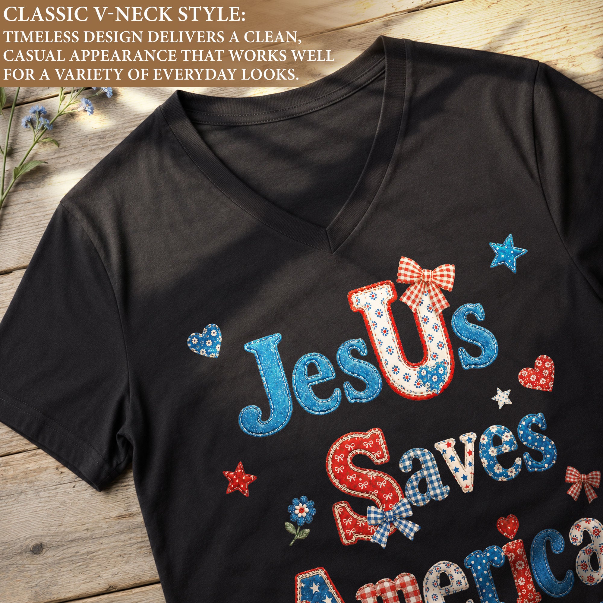 Jesus Saves America V-Neck Tee - Patriotic Patchwork Graphic Heritage 1776-2026 Cotton Shirt