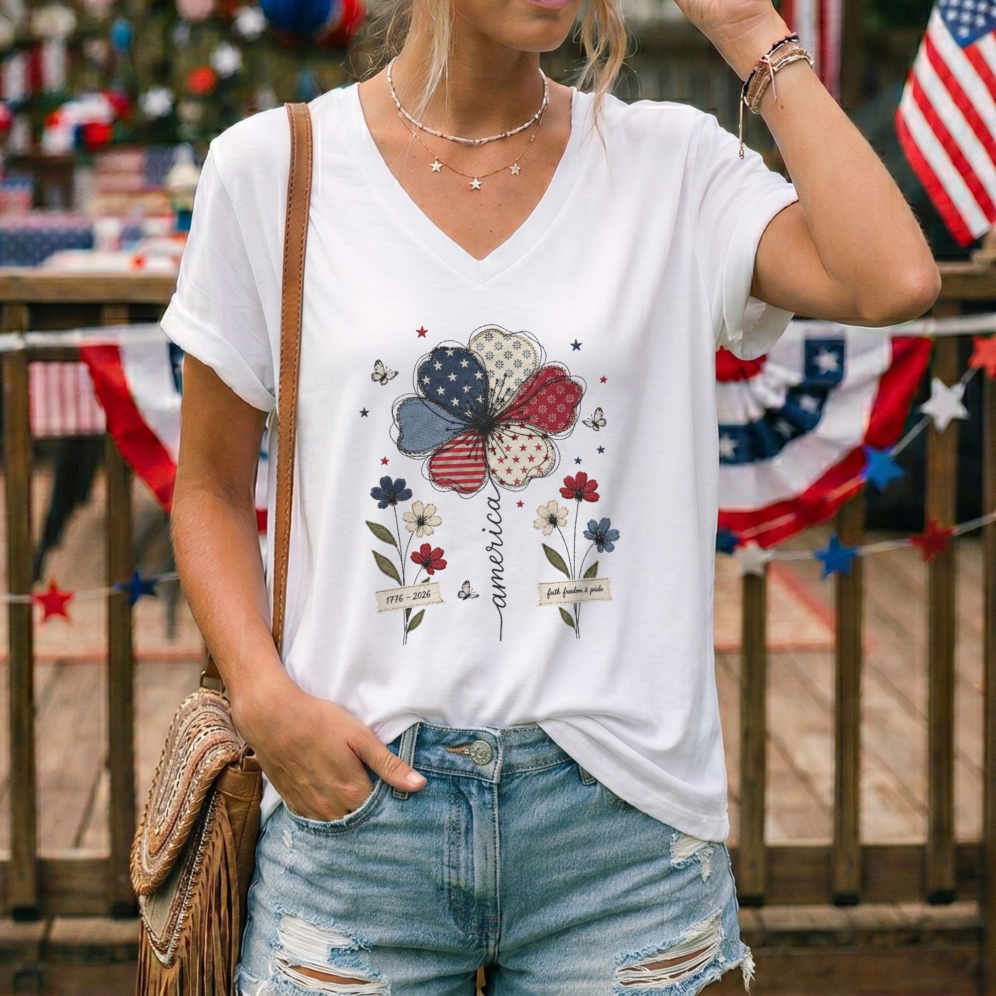 Patriotic V-Neck T-Shirt – Vintage Floral 1776-2026 Anniversary Graphic Tee for Women - Rust Field Wear