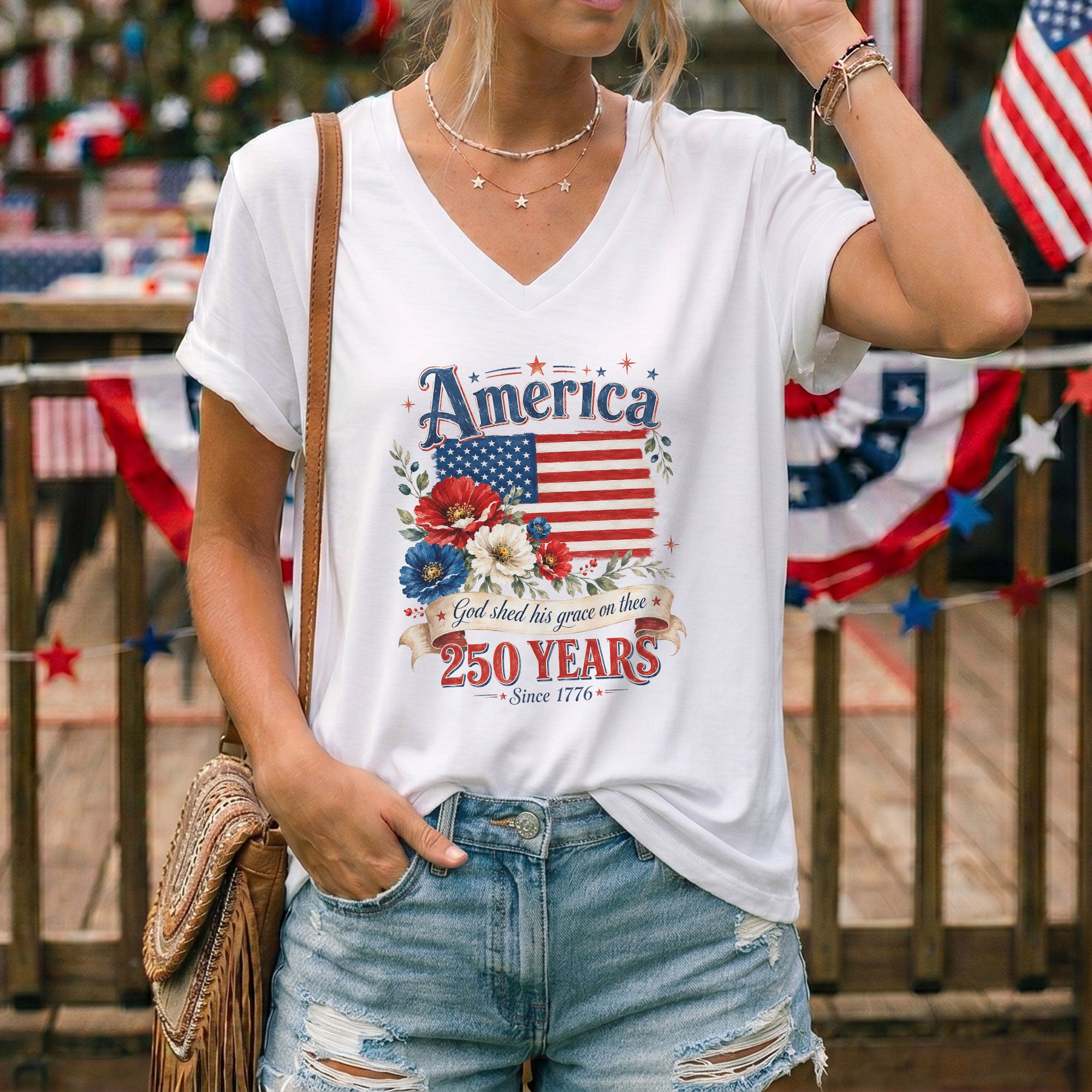 250 Years Since 1776 V-Neck T-Shirt – God Shed His Grace on Thee Patriotic Graphic - Rust Field Wear
