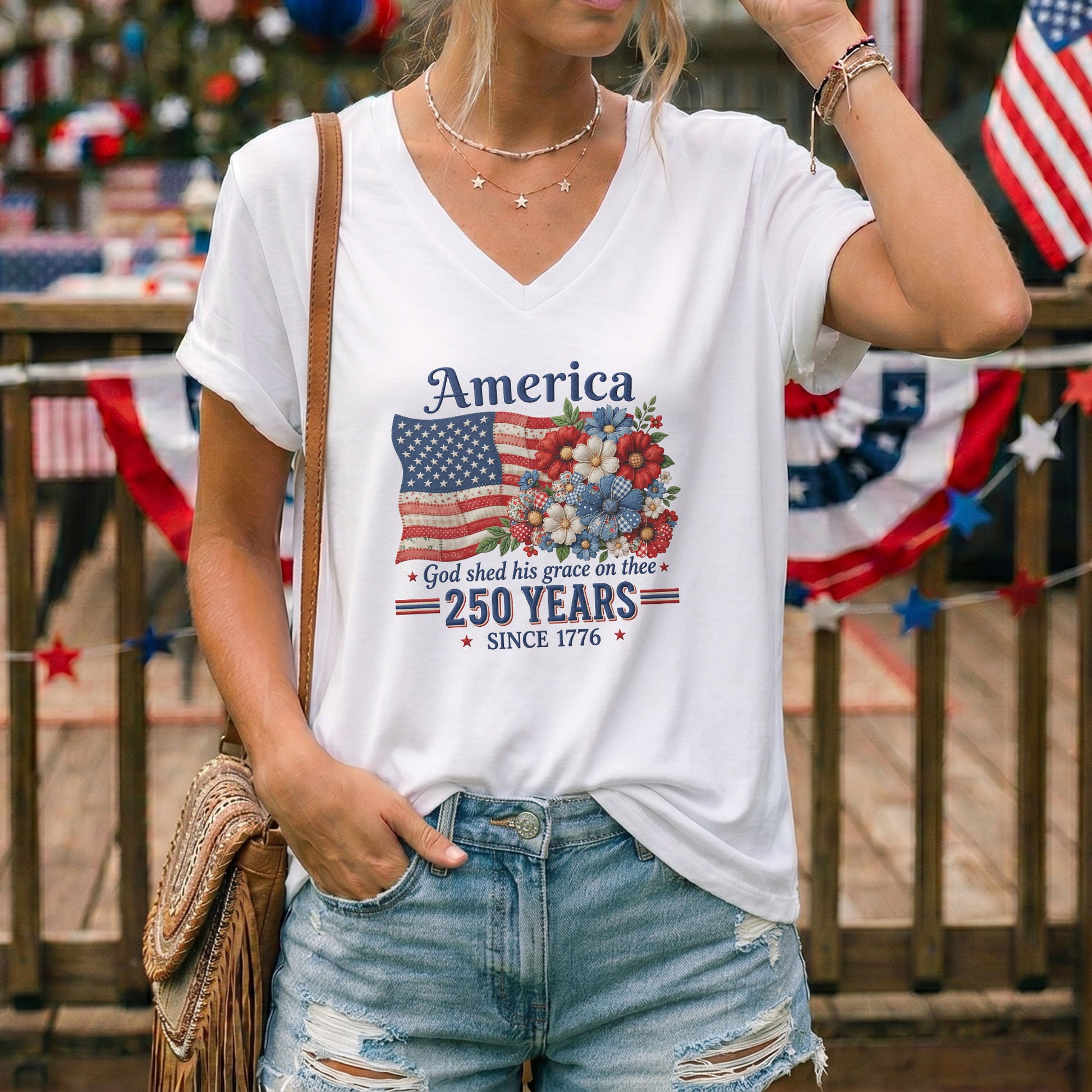 Patriotic Floral V-Neck T-Shirt – 250 Years Since 1776 God Shed His Grace on Thee - Rust Field Wear