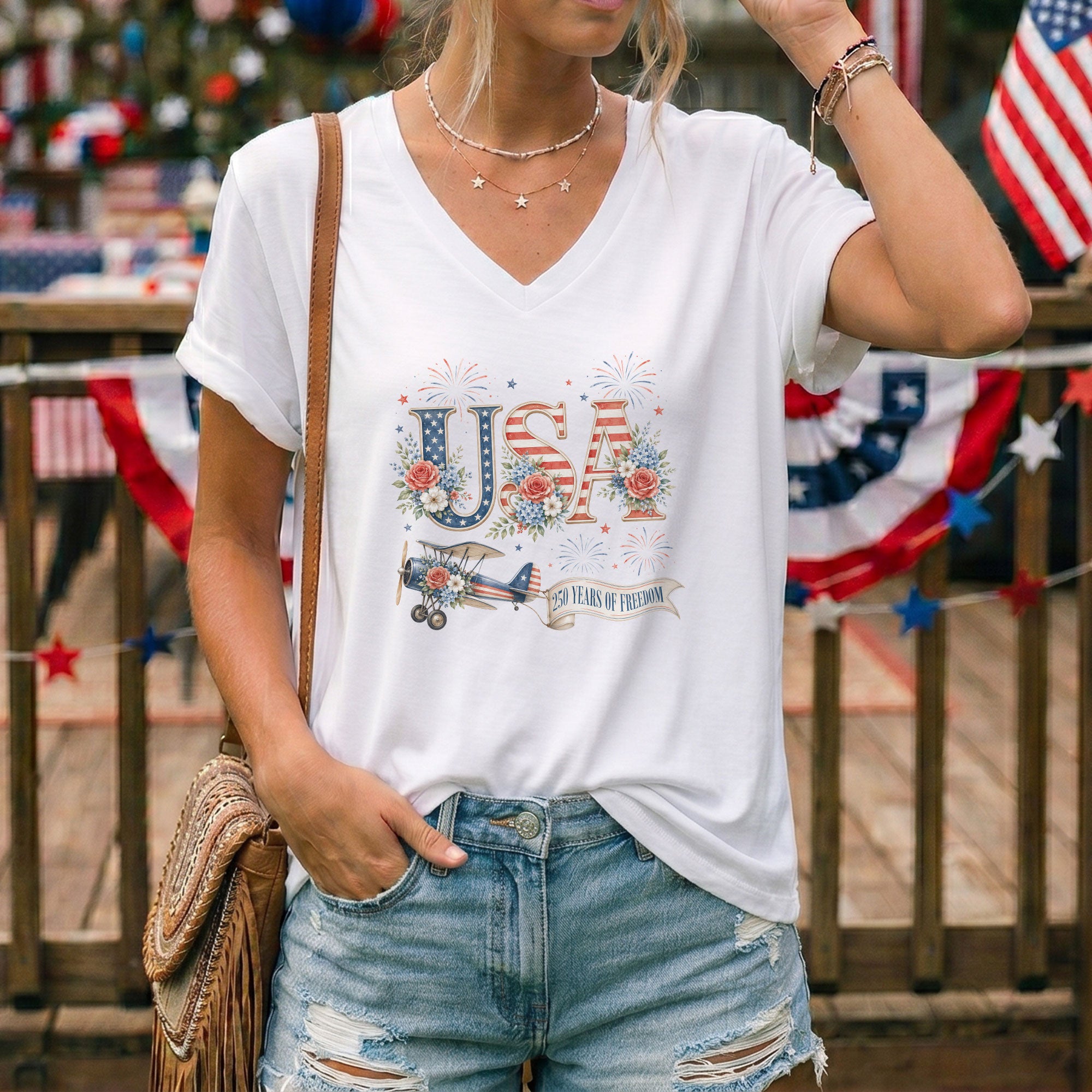 Floral USA 250 Years of Freedom V-Neck Tee – Patriotic Women's Anniversary Graphic - Rust Field Wear