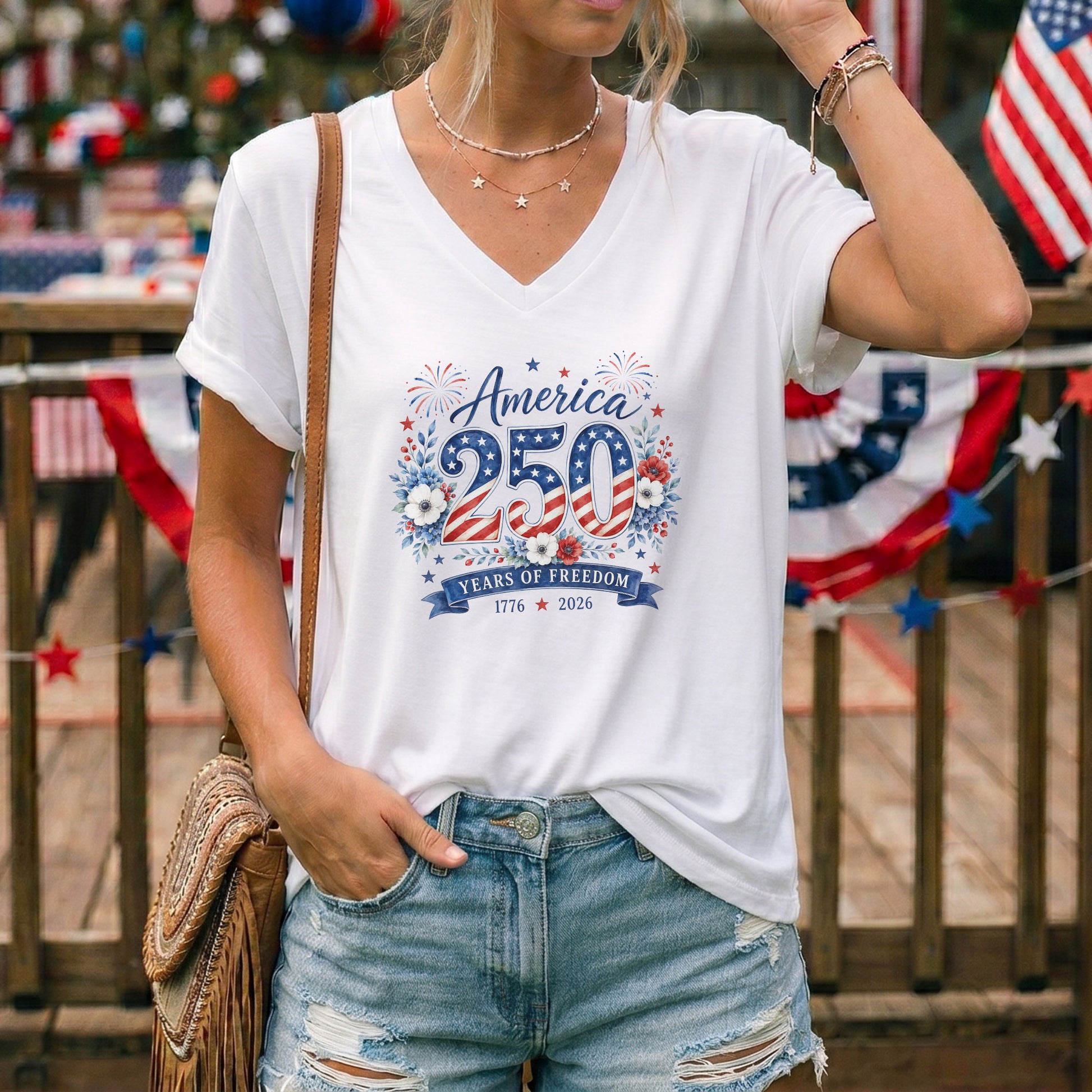 1776-2026 Floral V-Neck T-Shirt – Patriotic Years of Freedom Anniversary Tee - Rust Field Wear
