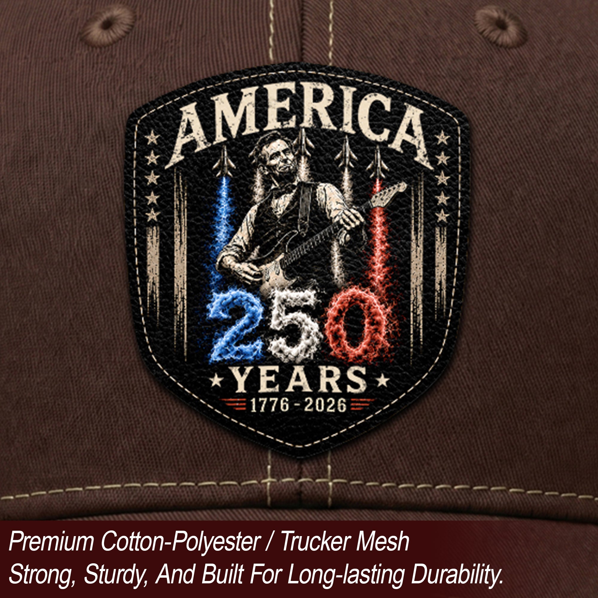 Leather Patch Hat Abraham Lincoln Guitar 1776-2026 Anniversary Cap Patriotic Brown Mesh