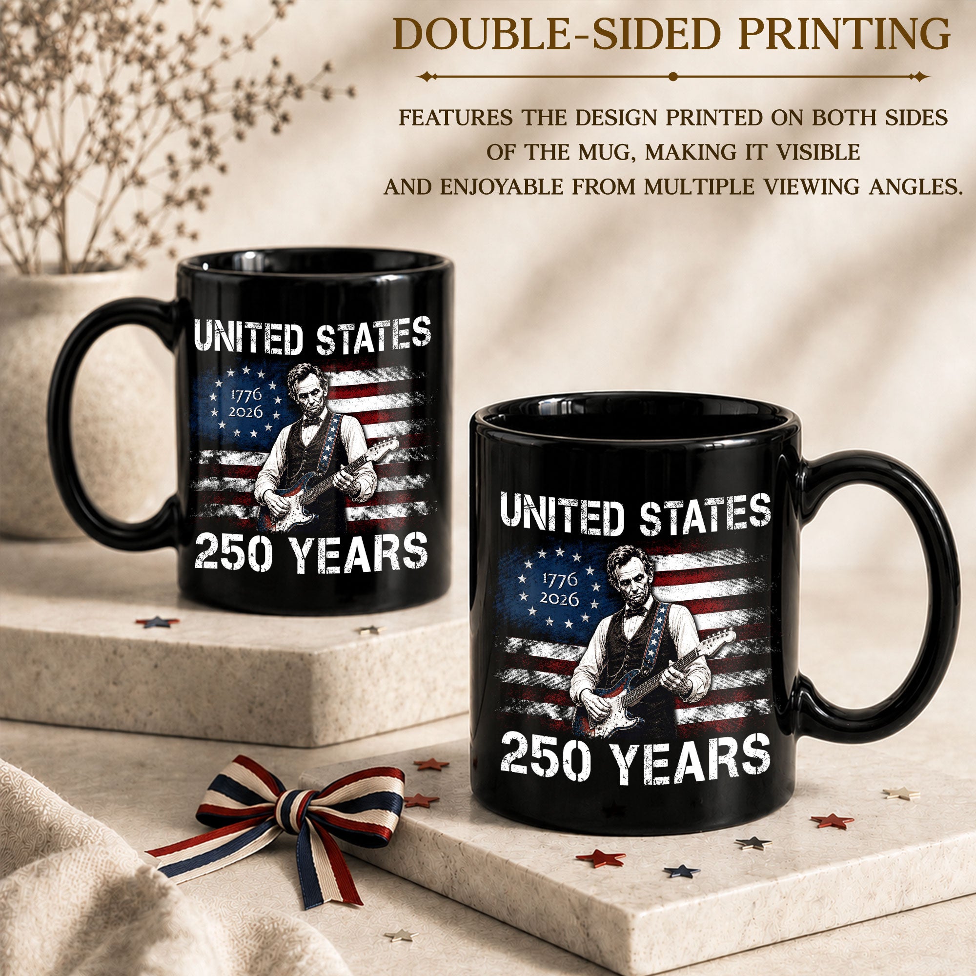 Abraham Lincoln Guitar 1776-2026 Anniversary Mug - Patriotic Drinkware for History Fans - Rust Field Wear
