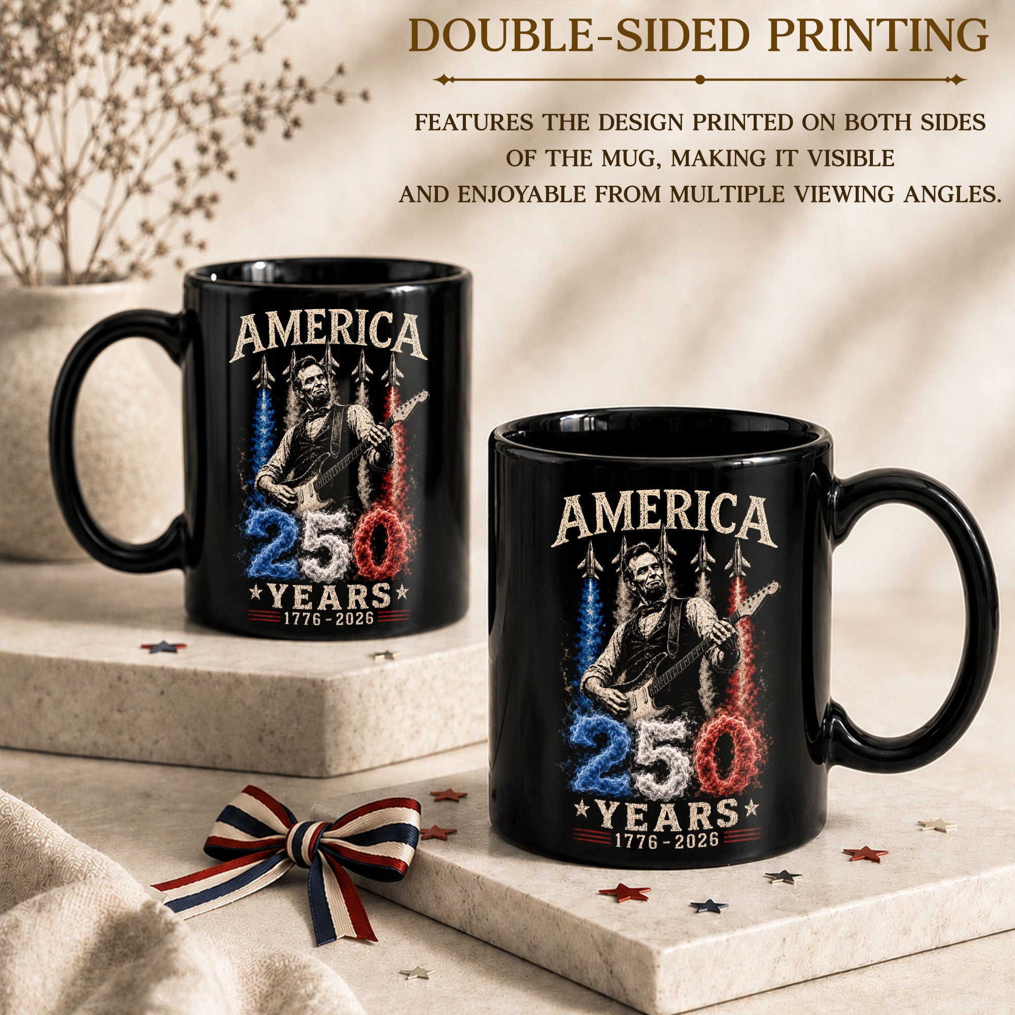 250 Years 1776 2026 Mug Abraham Lincoln Fighter Jet Patriotic American Ceramic Cup - Rust Field Wear