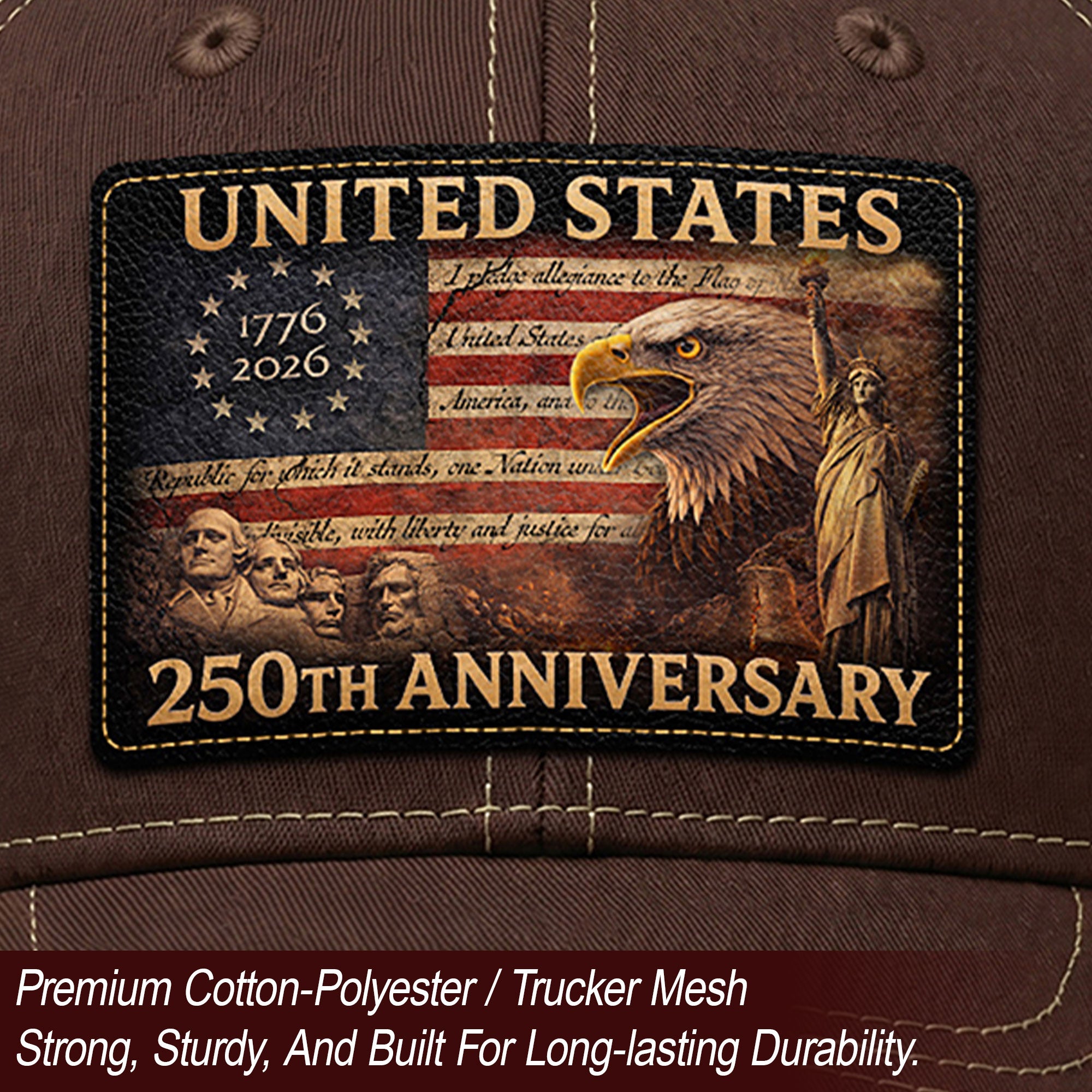 United States 250th Anniversary Leather Patch Hat Patriotic Eagle Mesh Trucker Cap