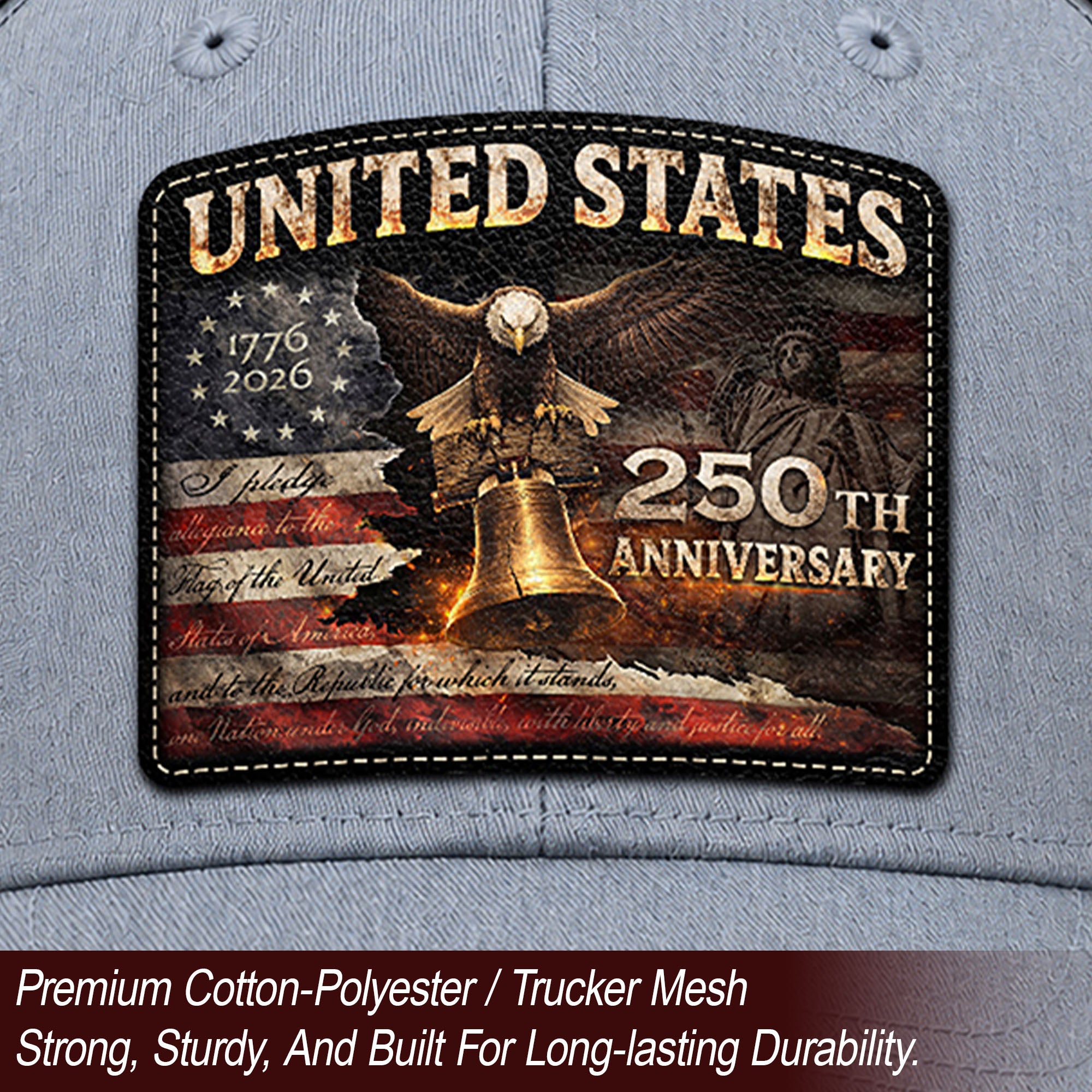 United States 250th Anniversary Leather Patch Hat Patriotic Eagle Bell Mesh Cap