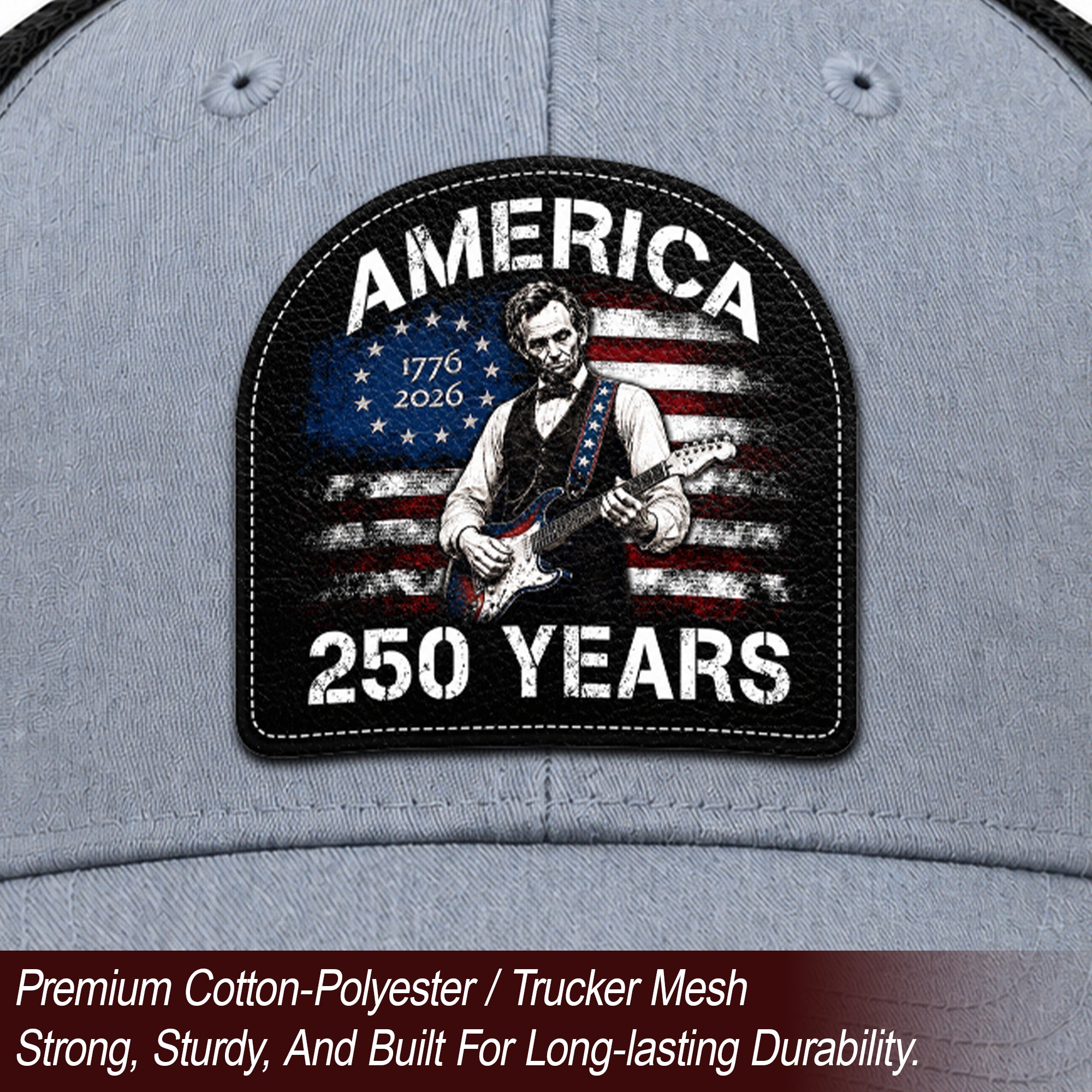 Lincoln Guitar Patch Hat America 250 Years 1776-2026 Patriotic Trucker Cap Mesh Back