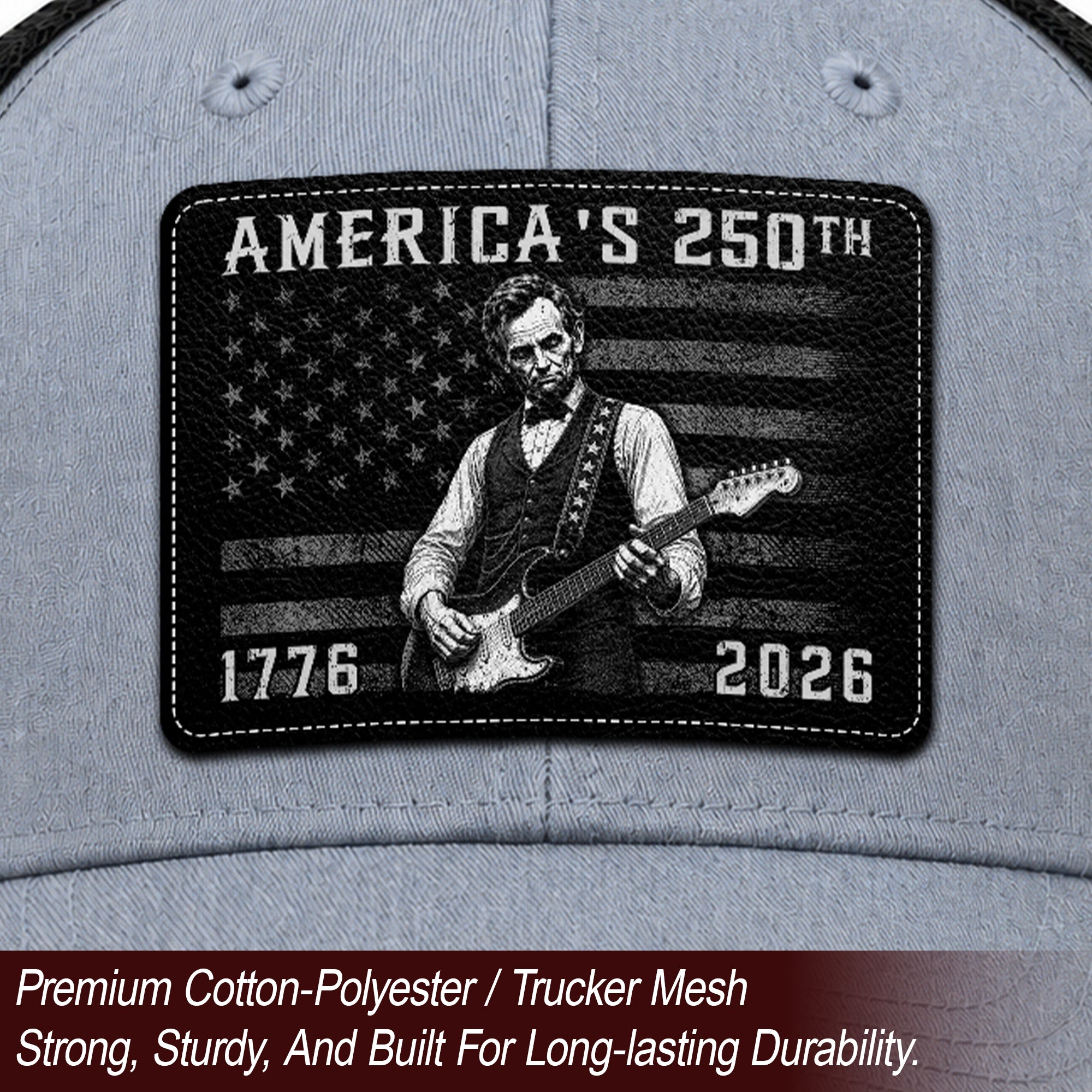Grey Lincoln Guitar Anniversary Hat 1776-2026 Patriotic Trucker Cap - Iconic Design