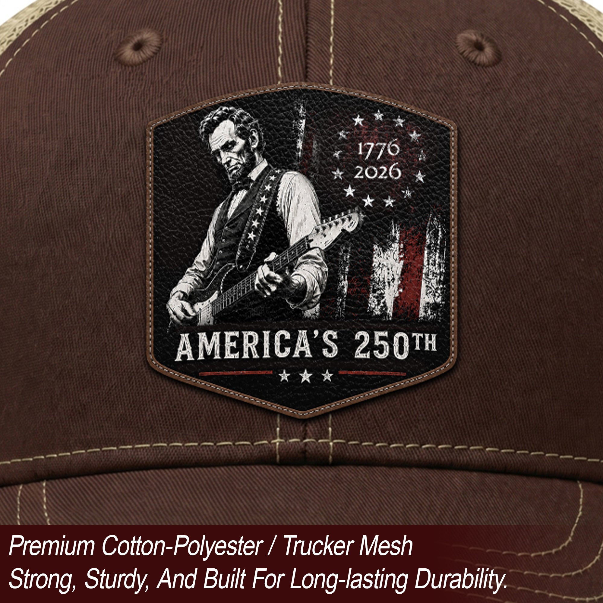 Lincoln Guitar 250th Anniversary Brown Hat 1776-2026 USA Patriotic Trucker Cap