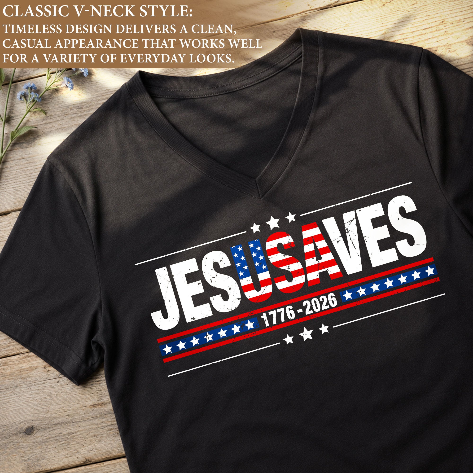 JESUSAVES 1776-2026 Patriotic V-Neck Tee - Women's Graphic Summer Casual Shirt Top