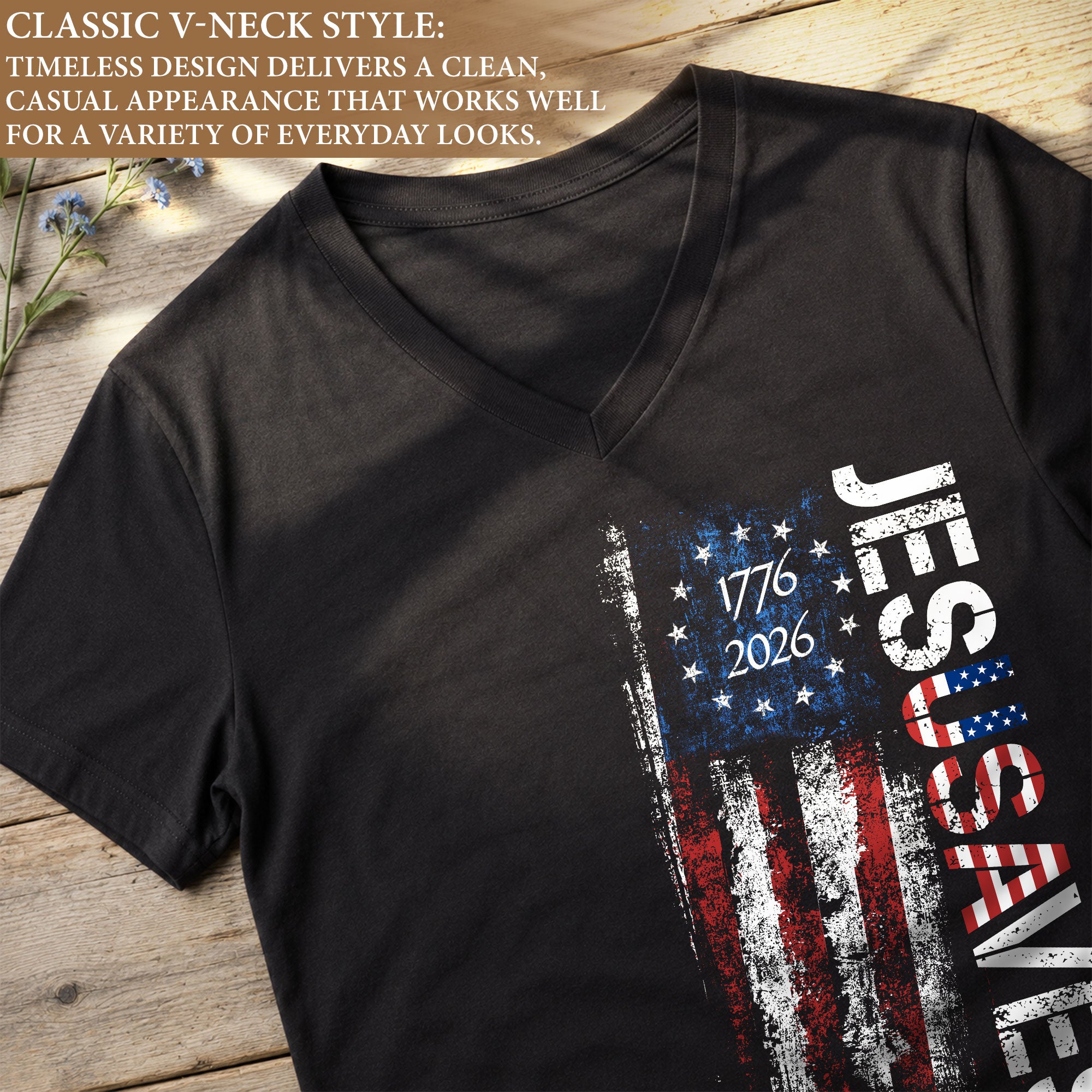 JESUSAVES Vertical 1776-2026 V-Neck Tee - Women's Graphic Patriotic Summer Shirt